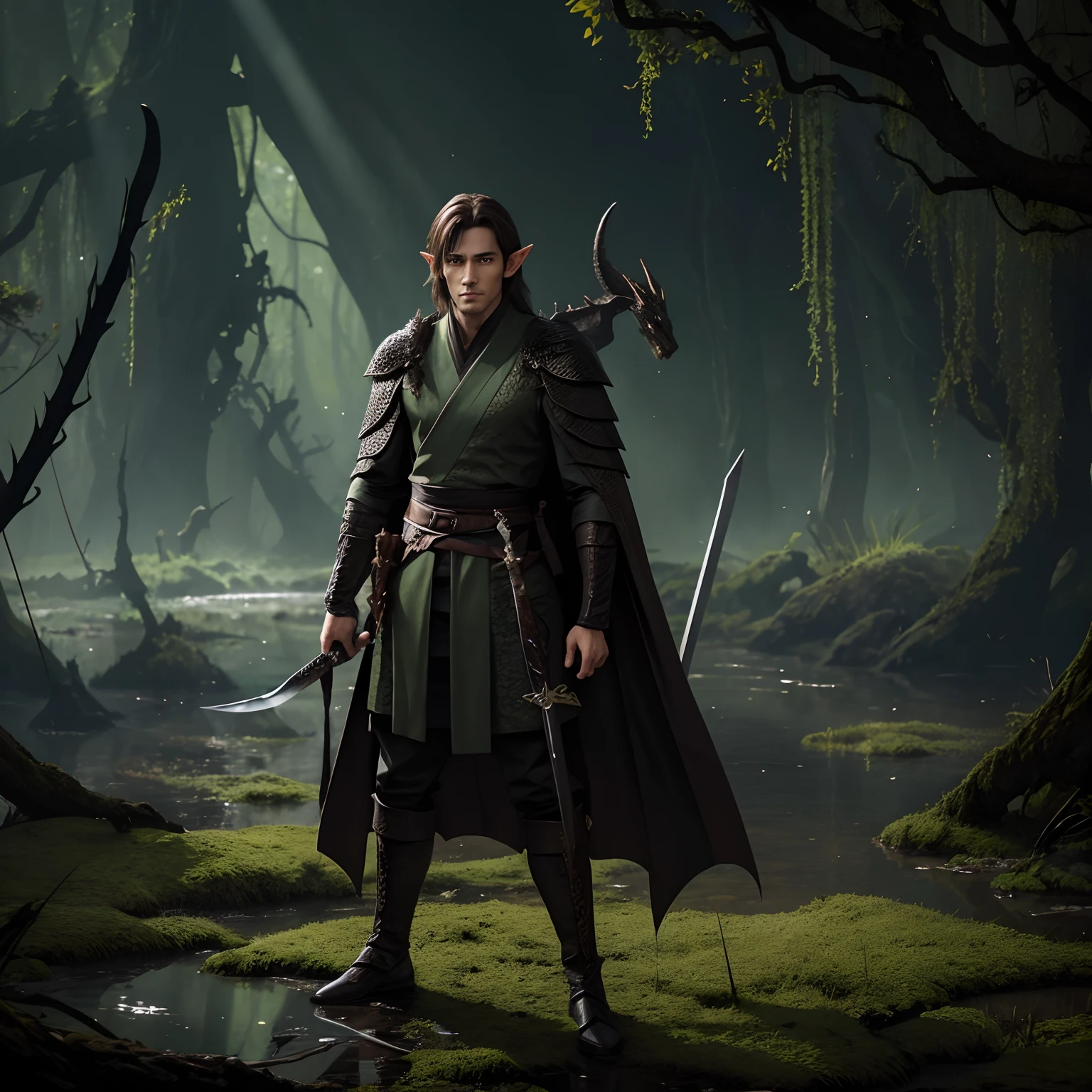 Lonely half elf male with shoulder length brown hair, brown eyes, and black dragon scales covering their amrs. Wearing a black kimono. Holding a sword coated in green fire. Standing in a desolate swamp. With a small white pet dragon hanging on their shoulder.