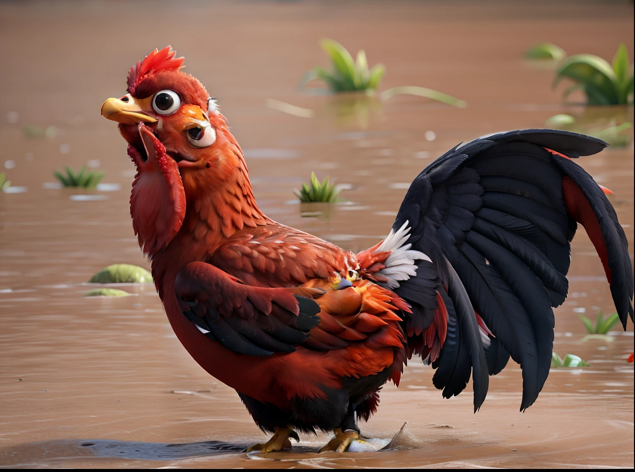 Red chicken in the middle of flood water.