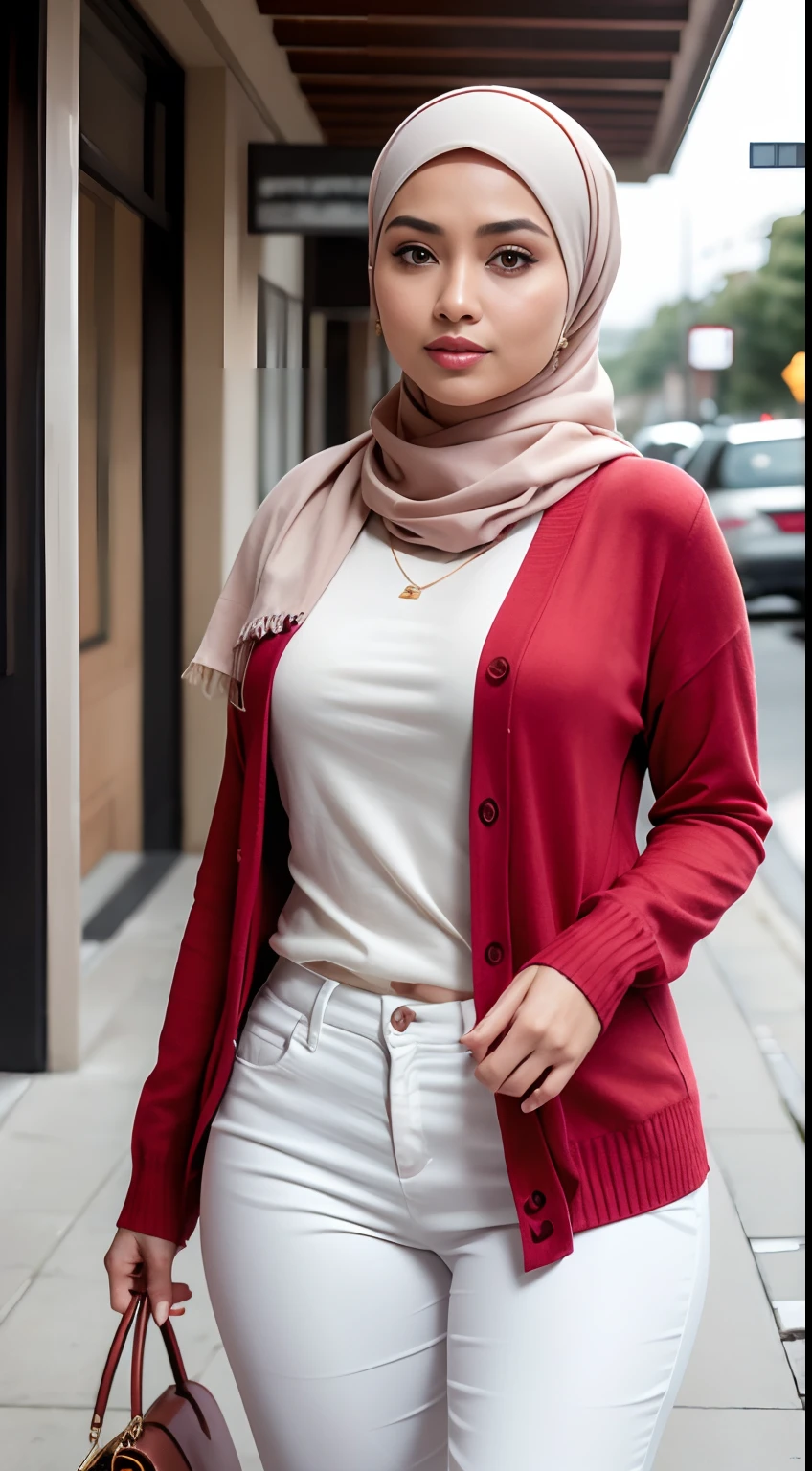 RAW, Best quality, high resolution, masterpiece: 1.3), Beautiful Malay woman in hijab (iu:0.8),wearing a white shirt, wearing a red cardigan, red pants, wearing a handbag, wearing a watch, wearing earrings, being in mall, walking on a rural street in the morning, big breasts, slim waist, wide hips, thick thighs, photo taken with Panavision DXL2, 28mm lens, close up shot, bright pastel shades, bokeh, cinemascope , drama, high quality, very detailed, 8k resolution