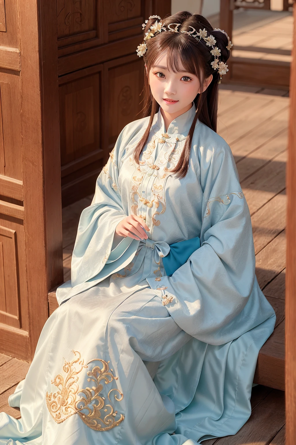 (8k, best quality, masterpiece:1.2), (realistic, photo-realistic),1girl, cute, ((crawl)), dating,(smile:1.15), (closed mouth) small breasts, beautiful detailed eyes, (Hanfu, ming, ming Dynasty, ming clothing: 1.4),full body,