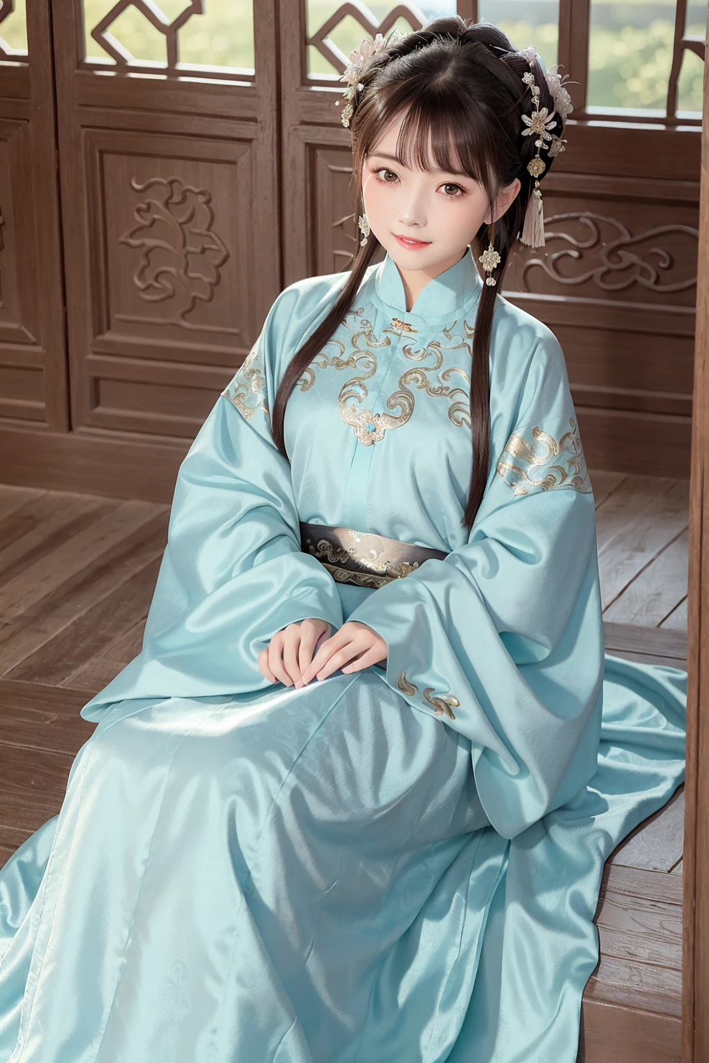 (8k, best quality, masterpiece:1.2), (realistic, photo-realistic),1girl, cute, ((crawl)), dating,(smile:1.15), (closed mouth) small breasts, beautiful detailed eyes,  (Hanfu, ming, ming Dynasty, ming clothing: 1.4),full body,