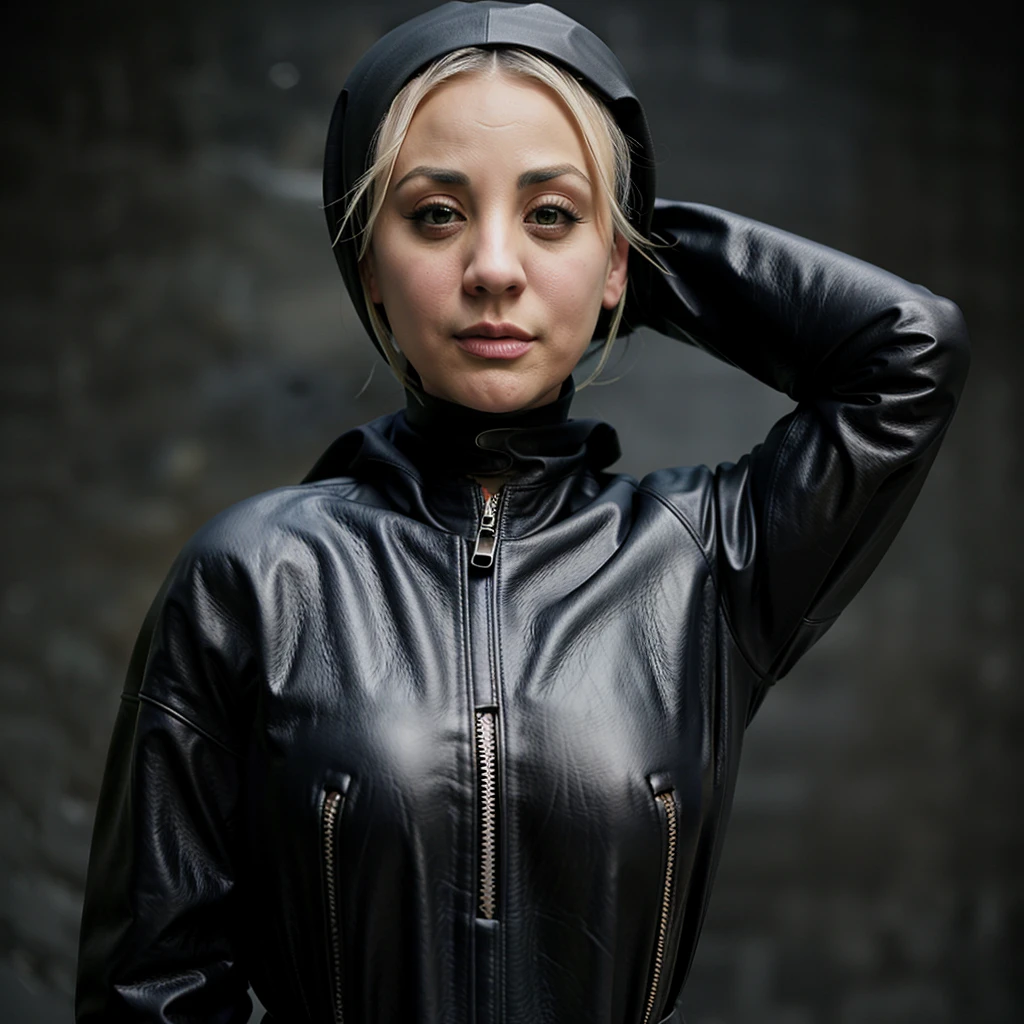 kaley cuoco wearing a leather hijab and abaya