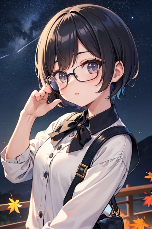 Cute girl with fashionable short haircut、eye glass、Autumn night sky、Stargazing