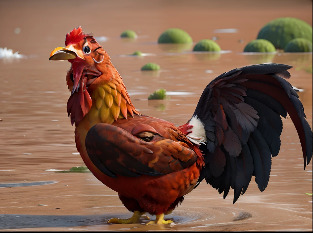Red chicken in the middle of flood water.