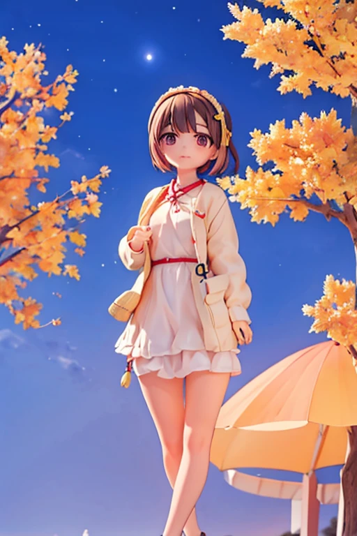 Cute girl with fashionable short haircut、eye glass、Autumn night sky、Stargazing