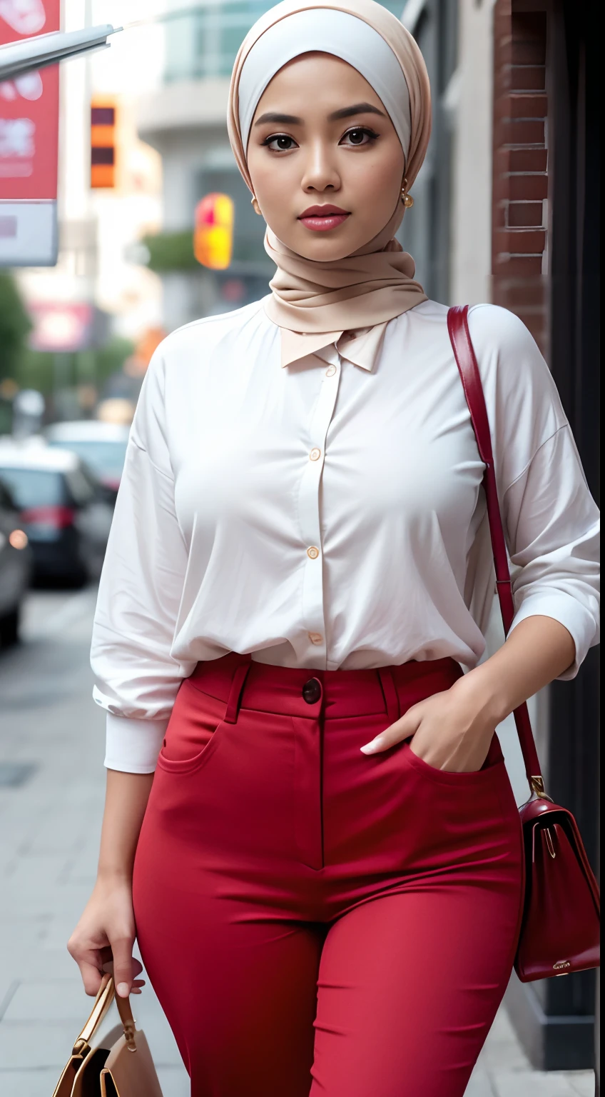 RAW, Best quality, high resolution, masterpiece: 1.3), Beautiful Malay woman in hijab (iu:0.8),wearing a white shirt, wearing a red cardigan, red pants, wearing a handbag, wearing a watch, wearing earrings, being in mall, walking on a rural street in the morning, big breasts, slim waist, wide hips, thick thighs, photo taken with Panavision DXL2, 28mm lens, close up shot, bright pastel shades, bokeh, cinemascope , drama, high quality, very detailed, 8k resolution