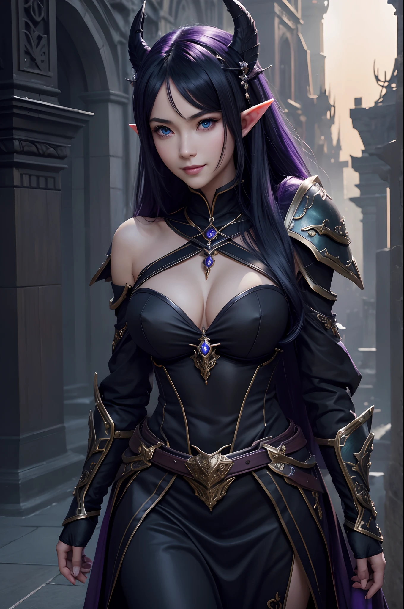 8K、Super Beautiful Elves、real looking skin、Luxurious purple and black chest armor、elf-ears,Model Chute Style、(Highly detailed CG Unity 8k wallpaper)、Full shot body photos of the most beautiful artwork in the world、Front Four Poses、Dark Elf Demon Slayer、dark blue hair、Green Valley,Purple and black skirt、Pearl Skin、Diamonds、medieval architecture、Ed Brink、Ateigairan、Studio Ghibli、Jeremy Mann、Greg Manchess、Antonio Moro、trending on artstationh、Trending in CG、 Precision and、Up to detail、Sharp focus、Dramatic and photorealistic painting art by Midjourney and Greg Rutkowski、Sexy costume、Blue eyes、See the viewer、beautiful expression、Emphasize cleavage、Beautiful decoration、Black flames emitted from the body(Tremendous large black flame effect),a smile,