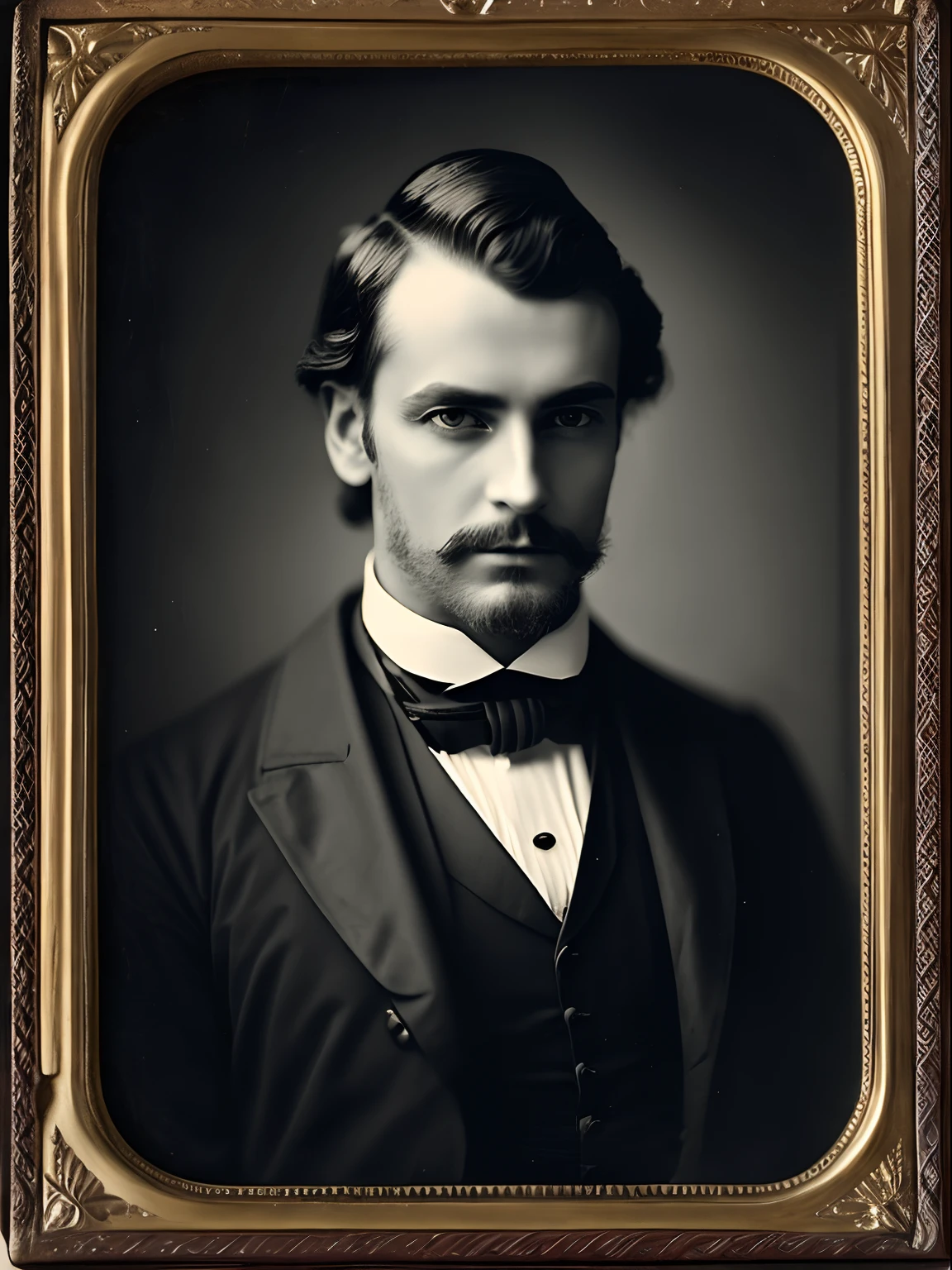 Collodion process a solemn portrait of a heavenly handsome Victorian man in his elaborate attire, his gaze distant yet very intense, captured with a vintage Deardorff 8x10 camera, evocative portraits, afternoon, soft window light, overcast