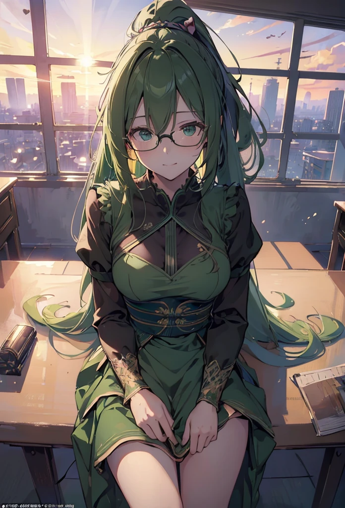 (((Masterpiece))),(((Best quality))),(((Amazing detail))),((illustration)),((A high resolution)),((8K)),((Anatomically correct)),Green long hair, High ponytail,Delicate hair,a matural female,black-frame glasses,Light smile,adjusting eyewear,angle of view,Anime,Depth of field,Classroom Background,Sunset,Soft light,From above,Lens flare