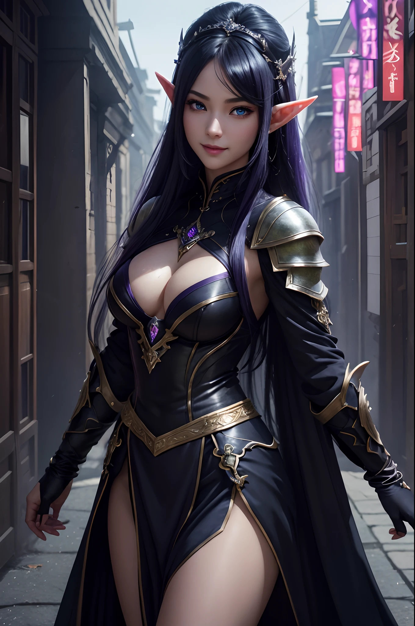 8K、Super Beautiful Elves、real looking skin、Luxurious purple and black chest armor、elf-ears,Model Chute Style、(Highly detailed CG Unity 8k wallpaper)、Full shot body photos of the most beautiful artwork in the world、Front Four Poses、Dark Elf Demon Slayer、dark blue hair、Green Valley,Purple and black skirt、Pearl Skin、Diamonds、medieval architecture、Ed Brink、Ateigairan、Studio Ghibli、Jeremy Mann、Greg Manchess、Antonio Moro、trending on artstationh、Trending in CG、 Precision and、Up to detail、Sharp focus、Dramatic and photorealistic painting art by Midjourney and Greg Rutkowski、Sexy costume、Blue eyes、See the viewer、beautiful expression、Emphasize cleavage、Beautiful decoration、Black flames emitted from the body(Tremendous large black flame effect),a smile,