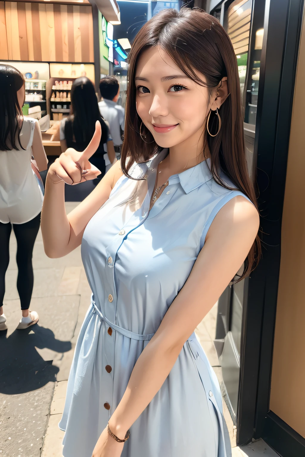 (masterpiece:1.3), high resolution, ultra detailed, extremely detailed CG unity 8k wallpaper, realistic, photo-realistic, RAW photo, beautiful detailed face, pale skin, realistic glistening skin, detailed cloth texture, detailed hair texture, Perfect Style, Beautiful Face, accurate, Anatomically correct, Highly detailed face and skin texture, natural neck length
BREAK
Detailed eyes, symmetric eyes, Brown eyes, Double eyelids, Thin eyebrows, (Sexy Lips:1.3),
BREAK
((1girl:1.3)), ((wearing a sleeveless Light-blue Button shirt dress :1.4)), (cross strap shoes), ((large hoop earrings:1.2)), (ring belt:1.2), (hobo bag on shoulder:1.2), Layered Hairstyle, Dark-brown hair, medium long hair, (embarrassed smile:1.2),
medium large breasts, (film breasts, nicely shaped breasts:1.1, slender figure),
BREAK,
((pointing at viewer:1.2)), (looking at store Menu:1.2),
BREAK,
((Cowboy shot:1.2)), (from side), (In front of the Starbucks coffee shop in Shibuya of Japan:1.2),