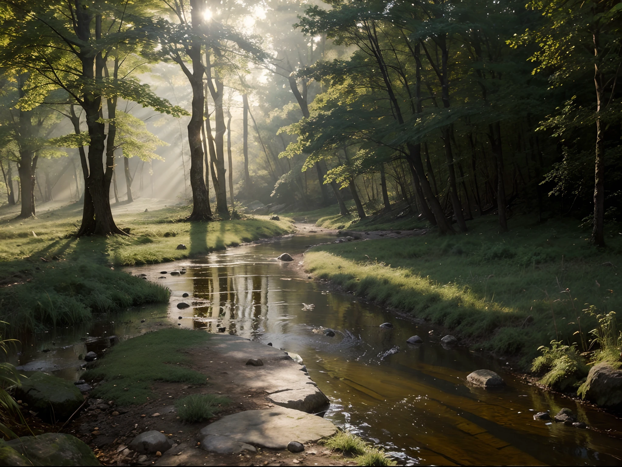 Oil painting. Realistic environment, a little dark and tense. a natural stone path and a small stream flows through large stones into a large puddle in front of us. to the clearing. Deaf, forested area. Lots of details. Pronounced sun rays. Light fog.