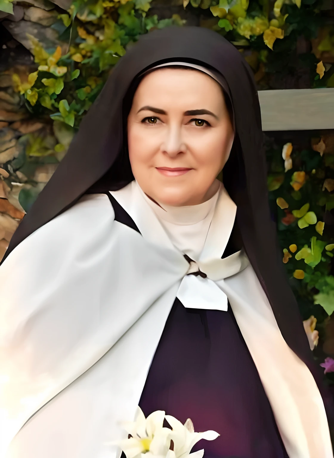 Woman in nun's outfit standing in front of a cross, mother sarah artist, agora, majestosa mulher de santo, inspirado por Mary Dignam, inspirado em Mary Cameron, Billie Eilish como freira, Directed by: Miroslava Sviridova, Maia Sandu Hiper-realista, inspired by Thomas Aquinas Daly, inspirado em Teresa Copnall, imagem de perfil