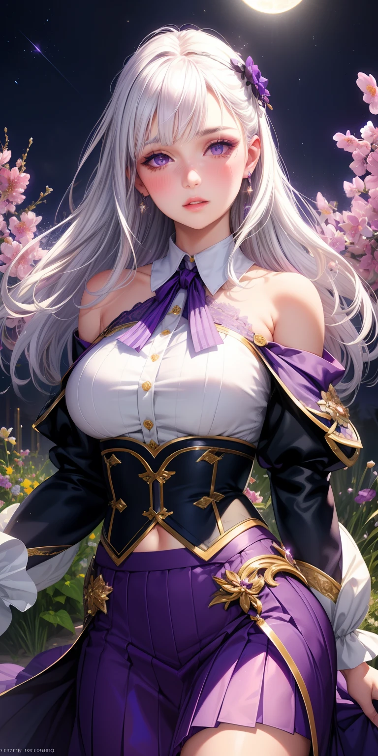 actual, 1 girl, white hair, purple eyes, glowing eyes, crop top, skirt, open lips, blush, night, flowers, sun, sunlight,
