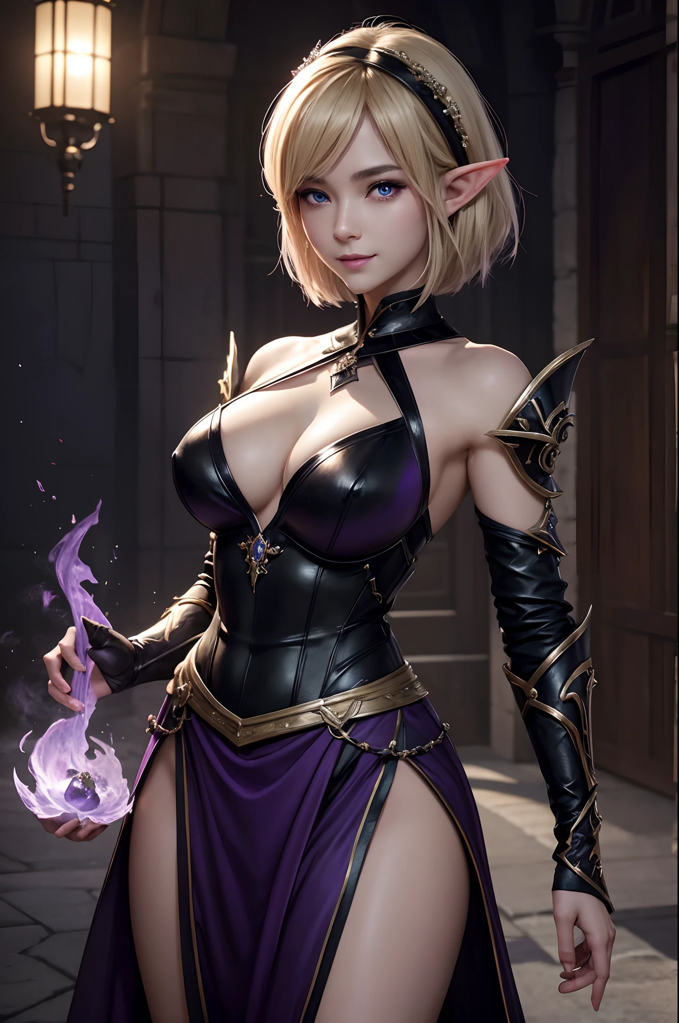 8K、Super Beautiful Elves、real looking skin、Luxurious purple and black chest armor、elf-ears,Model Chute Style、(Highly detailed CG Unity 8k wallpaper)、Full shot body photos of the most beautiful artwork in the world、Front Four Poses、Elven Demon Slayer、Blonde short bob hair、Green Valley,Purple and black skirt、Pearl Skin、Diamonds、medieval architecture、Ed Brink、Ateigairan、Studio Ghibli、Jeremy Mann、Greg Manchess、Antonio Moro、trending on artstationh、Trending in CG、 Precision and、Up to detail、Sharp focus、Dramatic and photorealistic painting art by Midjourney and Greg Rutkowski、Sexy costume、Blue eyes、See the viewer、beautiful expression、Emphasize cleavage、Beautiful decoration、Black flames emitted from the body(Tremendous large black flame effect),a smile,