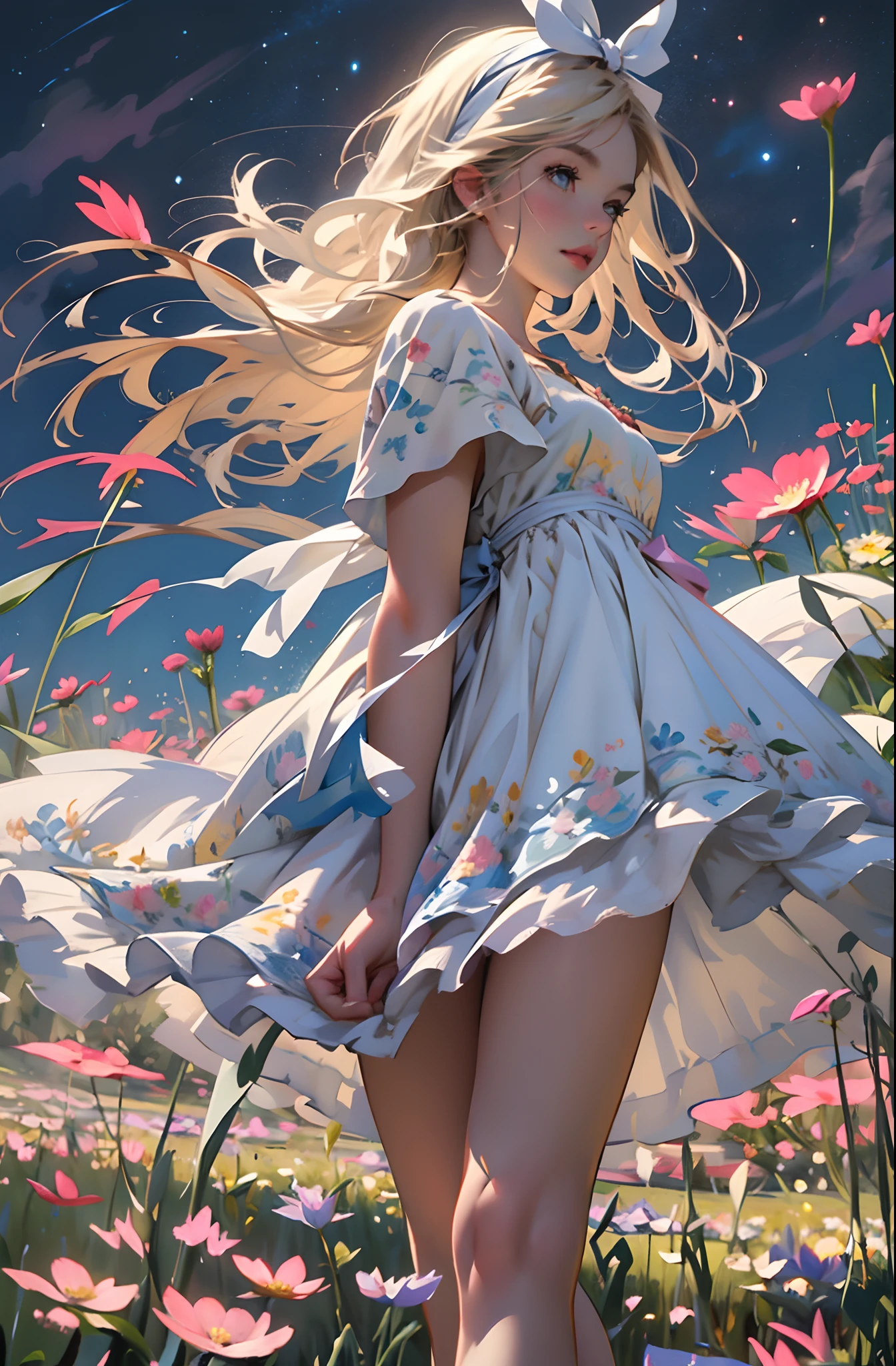 alice in the wonderland, (A bow on the head:1.1), Upper body，There is a girl standing in a flower field looking up at the sky, A girl standing in a flower field, A girl walks in a flower field, Get lost in a fantastic wonderland, standing in flower field, dreamlike digital painting, The sky is gradually clearing, The starry sky gradually receded，(Monet, Impresionismo, Oil painting), Barefoot，Barefoot，02