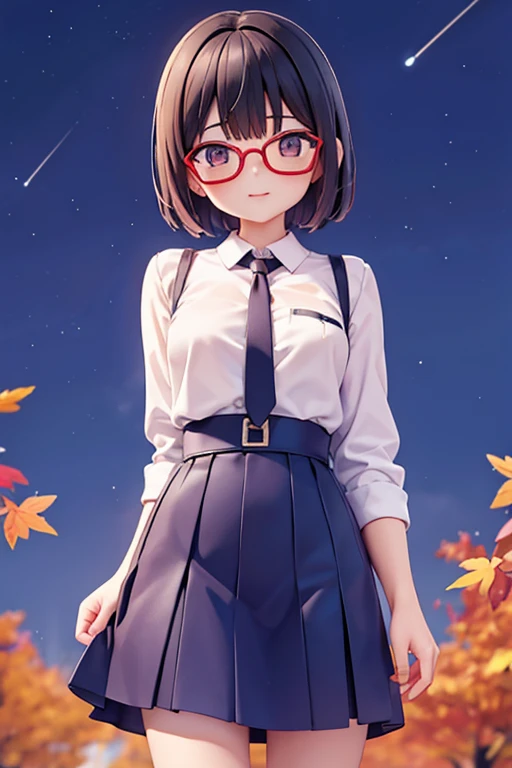 Cute girl with fashionable short haircut、eye glass、Autumn night sky、Stargazing