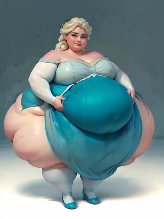Masterpiece, best quality, elsa, (((tall))), (((detailed face))), bottomheavy, ((gigantic belly)), ((chubby belly)), (((massive thighs))), ((slim calves)), relaxed expression, satisfied expression, sexy pose, full body shot