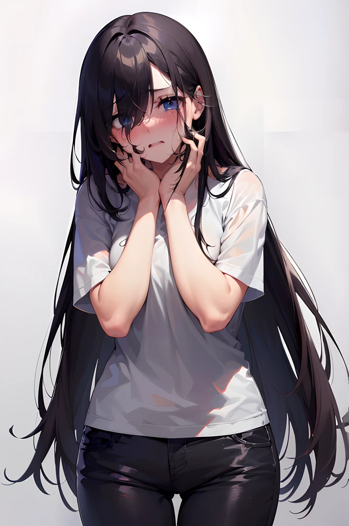 ((8k)), ((highres)), Shy girl, standing, striaght black hair, white tshirt, long pants, dark blue eyes, her hands on her face, crying, straight hair, ((wide shot)), ((white background)), (((hair over eye))), ((flustered)), ((blush))