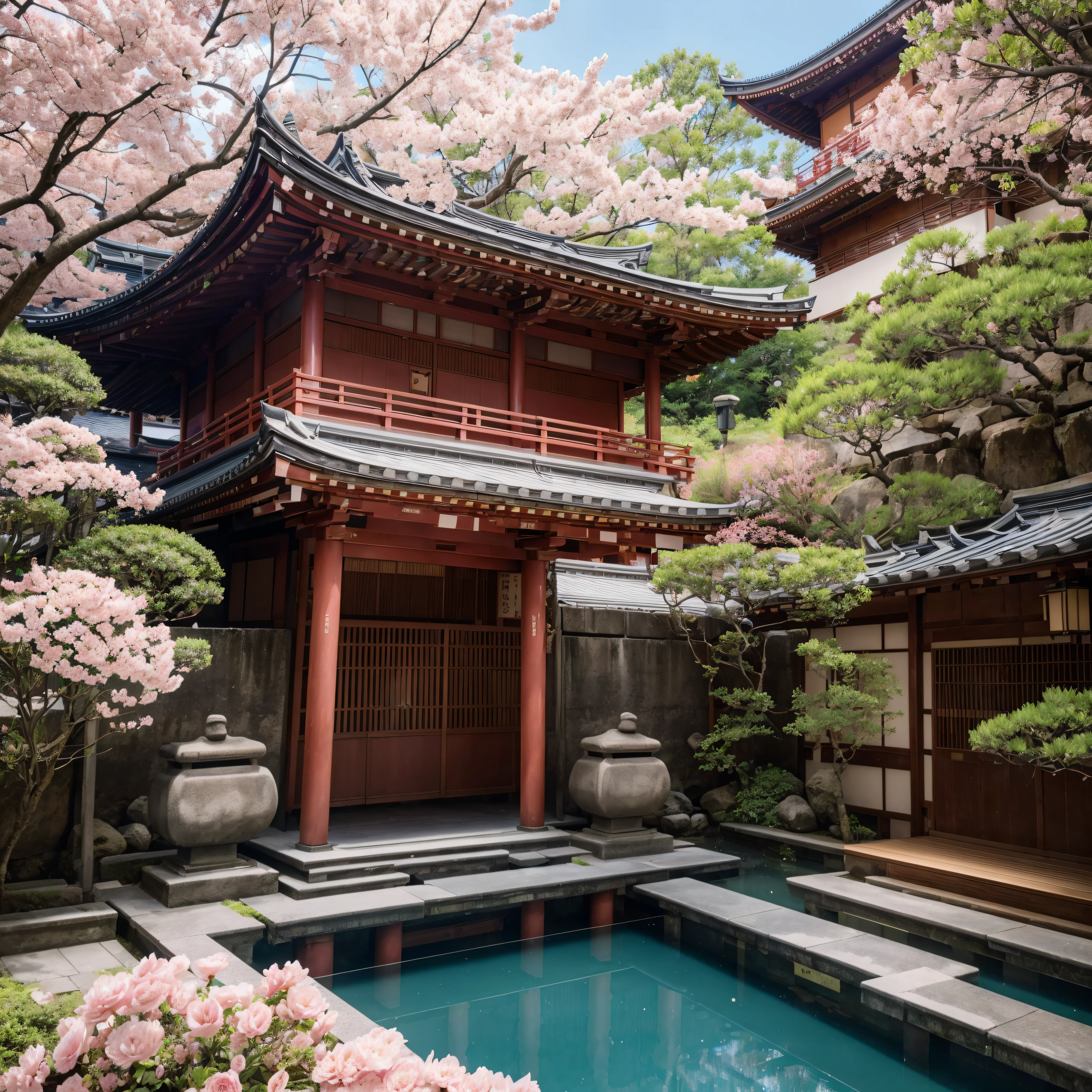 masterpiece, a photography of a building with a bunch of pink flowers in front of it, by Torii Kiyomasu, flickr, sōsaku hanga, an altar of a temple, kodak portra 4 0 0, sakura tree in background, high-end onsen, intricate details, cinematic light, 8k, ultra hd, sharpness