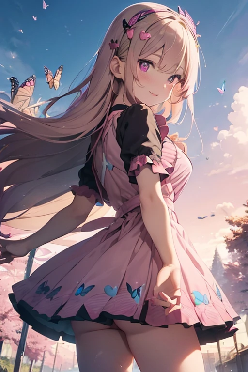 top quality, (Masterpiece: 1.3), (Maximum resolution: 1.2), (Ultra HDTV: 1.2), Cinema light, Ultra HDTV, (Detailed eyes and skin), (Detailed facial features), HDR, 8k resolution, Sharp Focus: 1.2, (wizard girl), (cure butterfly), (( looking back and reaching out her hand:1.4)), (dynamic pose), (dynamic angle) , Perfect style, beautiful face, accurate, anatomically correct, highly detailed face and skin texture, detailed eyes, light purple eyes, double eyelids, thin eyebrows, glitter eyeliner: 1.2, natural cheeks, glossy skin, fair skin: 1.2, (glossy lips: 1.4), (heart shaped pupils) BREAK first-person-view, ((Wearing a Cute dress with dark pink trim on a pink gradation fabric:1.6)), (it consists of dark pink croptop, choker, pink butterfly-shaped ornament on her waist and below knee-length fluffy flare skirt with deep slit, pink booty :1.5), ((holding sparkling microphone:1.6)), (smiling full of compassion:1.2), (smiling full of love:1.2), ((very cheerful:1.6)), innocent and Cute girl, ( dark blonde hair), ( extra long hair, bang flowing diagonally, pale pink butterfly-shaped barrette :1.6), BREAK (Full body shot: 1.2), (focus on her lips), (medium large breasts:1.2), (((in the blue sky, a lot of butterflies : 1.2)), (very intimate relationship),