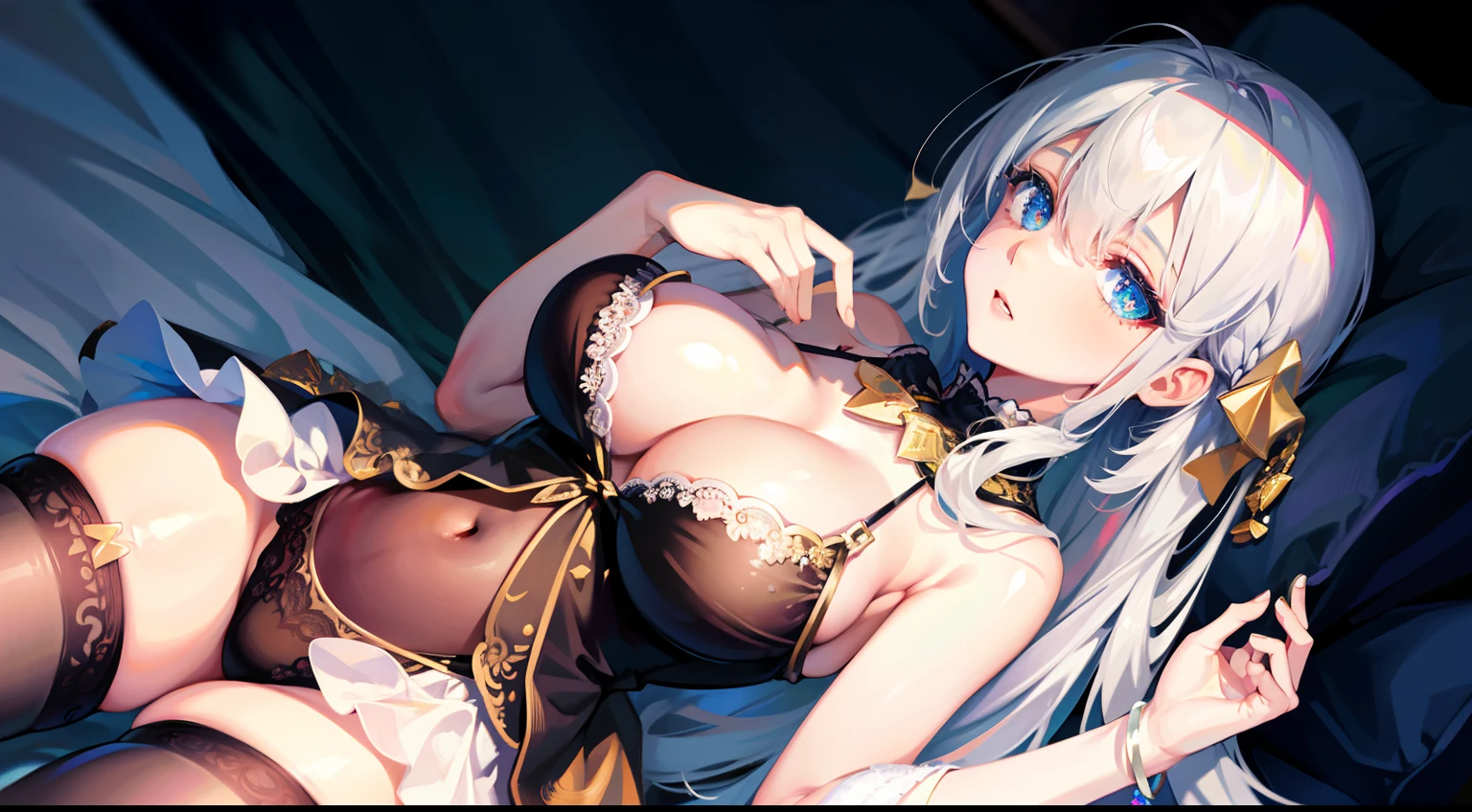 masutepiece, Best Quality, Sheer camisole, Illustration, (1girl in), Beautiful detailed eyes, Looking at the viewer, close up, (Breast Focus),luslous skin, Big breasts, Diamond-colored hair, Shyness, sapphires&Diamond Dress, Stockings, garters, Her eyes sparkle, thighs thighs thighs thighs, Delac Bedroom,