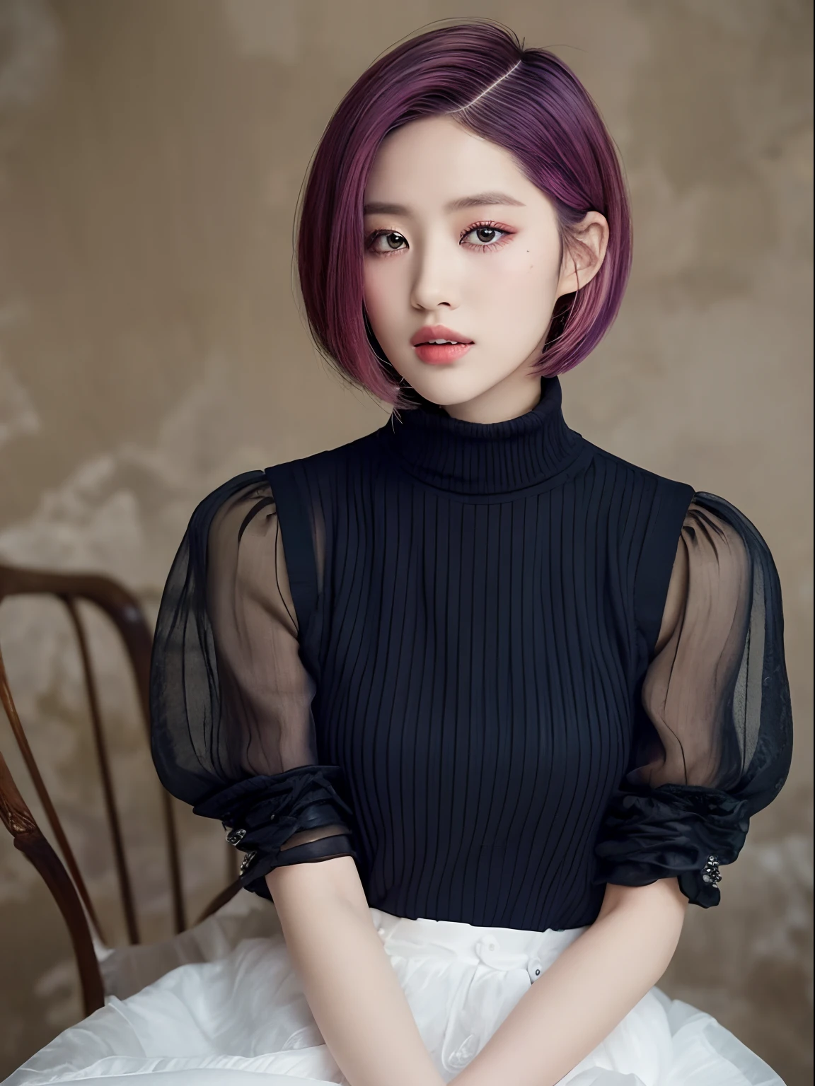 ((top-quality、8K、masterpiece:1.3))、foco nítido:1.2、Perfect beauty:1.4、Asymmetrical Hairstyles:1.2、((Creative Hair:1.8))、(Super Berry Shorthair:1.8)、(Modern style:1.2)、High-definition face and skin texture、Narrow-eyed、二重まぶた、Bewitching psychedelic makeup、Hair Contest、Rainbow Hair Color、Hair Contest、Art Works、Outrageous hairstyles、Dusty background、Inorganic background、Take your eyes off、Design Hair、Sheared hair、Voluminous organza dress、Hair like a man、Waffle Hair、(dark ilumination:1.8)、Competition Films、high fashion、cowboy shot、Sit on a chair with your knees in your hands、(Works like a single page of VOGE:1.8)、Hair fluttering in strong winds、hair that stands on end、colorful makeup、(Spiky Shorthair:1.5)、Nostalgic depiction、colorful makeup、The light hitting the face is dim.、(1 In the dark.7)、Turtleneck Organza