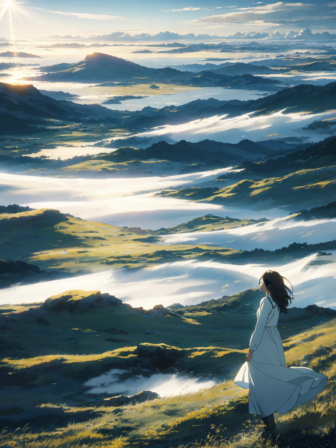 Vast sky, beautiful skyline, large grasslands, intense and dramatic pictures, moving visuals, hanging north stars, colorful natural light. Long sleeve white dress girl