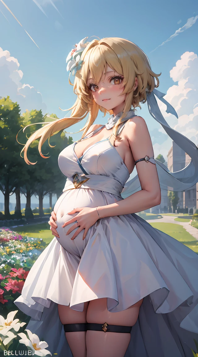 Lumine | GenshinImpact, master piece, top-quality, 1girl in,25 years old, Proportional body, Proportional., Wedding Dresses, white wedding dress, Long skirt, Wedding, ,yui, Stand in the middle of a flower garden, plein air, Wedding, The sky is beautiful, Both hands hold a bouquet of flowers..........................................., See the viewer from the front., Thigh strap, Head tilt, bored, 10, 10, hard disk, slight smile,Pregnancy、pregnant woman、trance