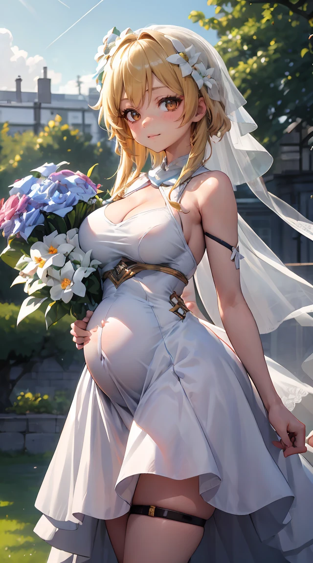 Lumine | GenshinImpact, master piece, top-quality, 1girl in,25 years old, Proportional body, Proportional., Wedding Dresses, white wedding dress, Long skirt, Wedding, ,yui, Stand in the middle of a flower garden, plein air, Wedding, The sky is beautiful, Both hands hold a bouquet of flowers..........................................., See the viewer from the front., Thigh strap, Head tilt, bored, 10, 10, hard disk, slight smile,Pregnancy、pregnant woman、trance