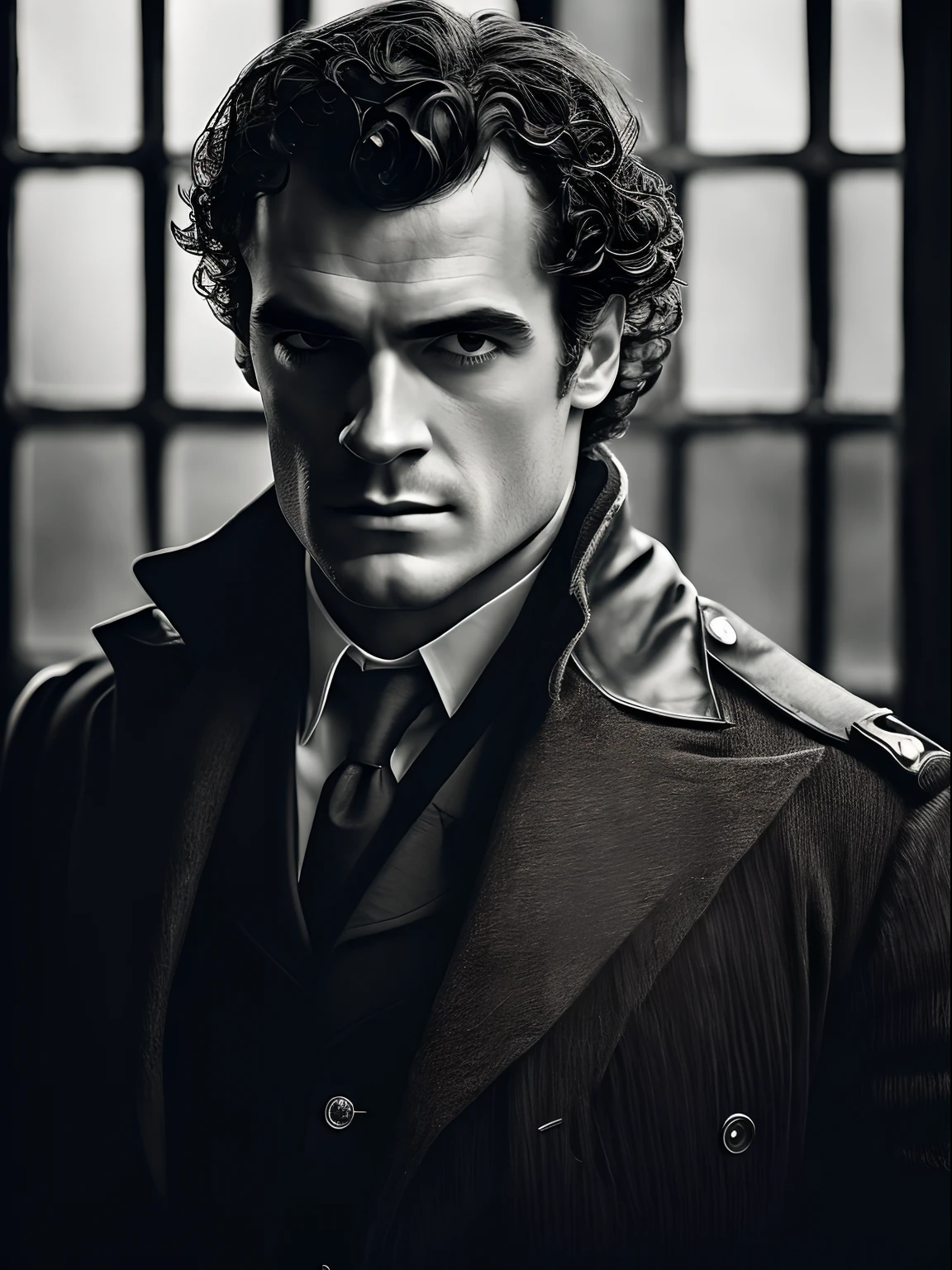Collodion process a solemn portrait of a heavenly handsome Henry Cavil as a Victorian man in his elaborate attire, his gaze distant yet very intense, captured with a vintage Deardorff 8x10 camera, evocative portraits, afternoon, soft window light, overcast