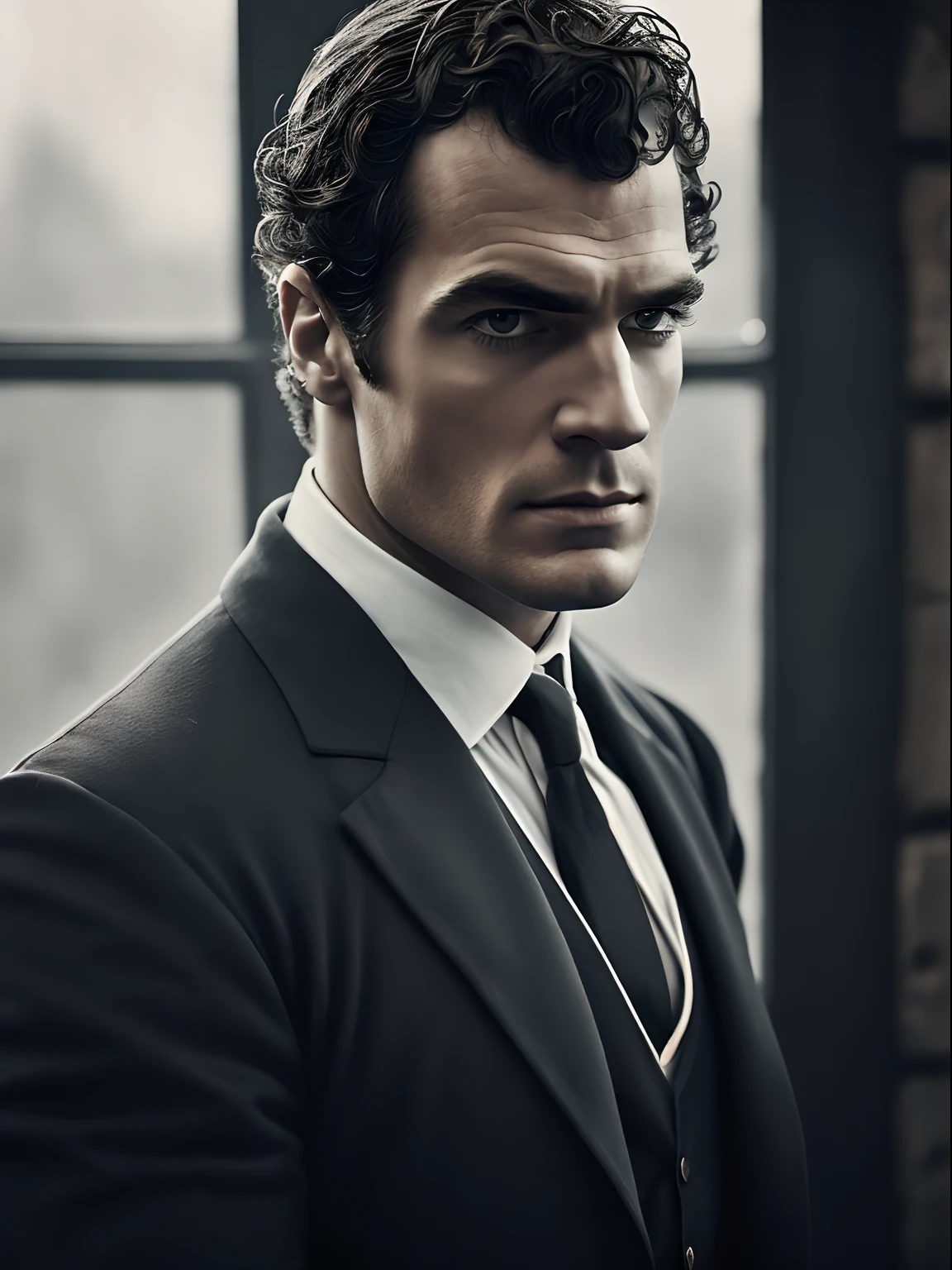 Collodion process a solemn portrait of a heavenly handsome Henry Cavil as a Victorian man in his elaborate attire, his gaze distant yet very intense, captured with a vintage Deardorff 8x10 camera, evocative portraits, afternoon, soft window light, overcast
