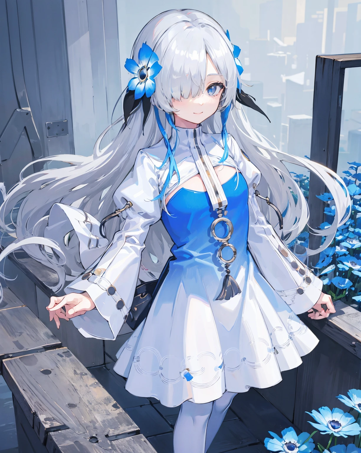 1girl,standing,white_hair,bluejoucho,hair over one eye, cowboy shot,light smile, nemophila \(flower\), anemone \(flower\), wisteria, garden,