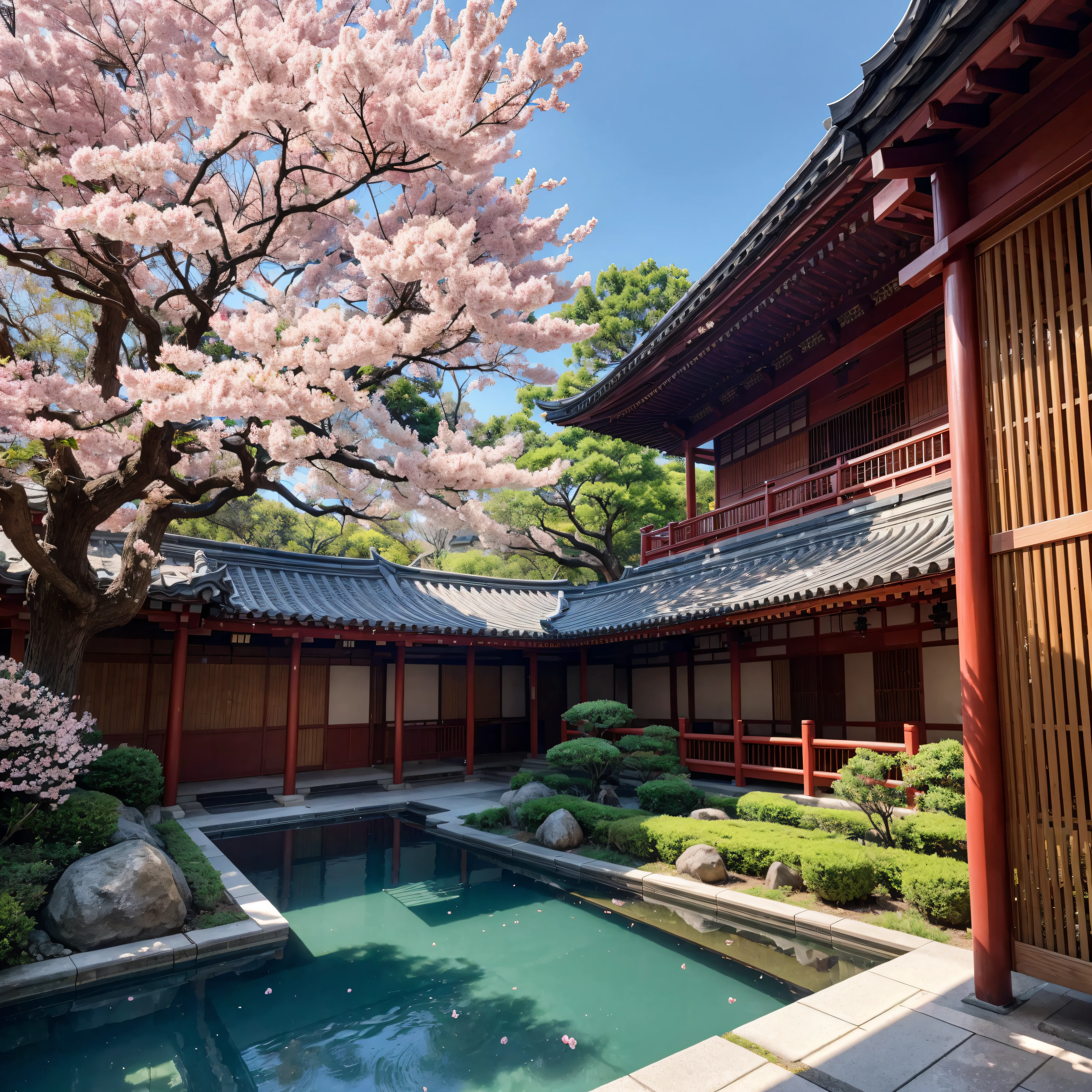 masterpiece, a photography of a building with a bunch of pink flowers in front of it, by Torii Kiyomasu, flickr, sōsaku hanga, an altar of a temple, kodak portra 4 0 0, sakura tree in background, high-end onsen, intricate details, cinematic light, godrays, 8k, ultra hd, sharpness, extreme detailed