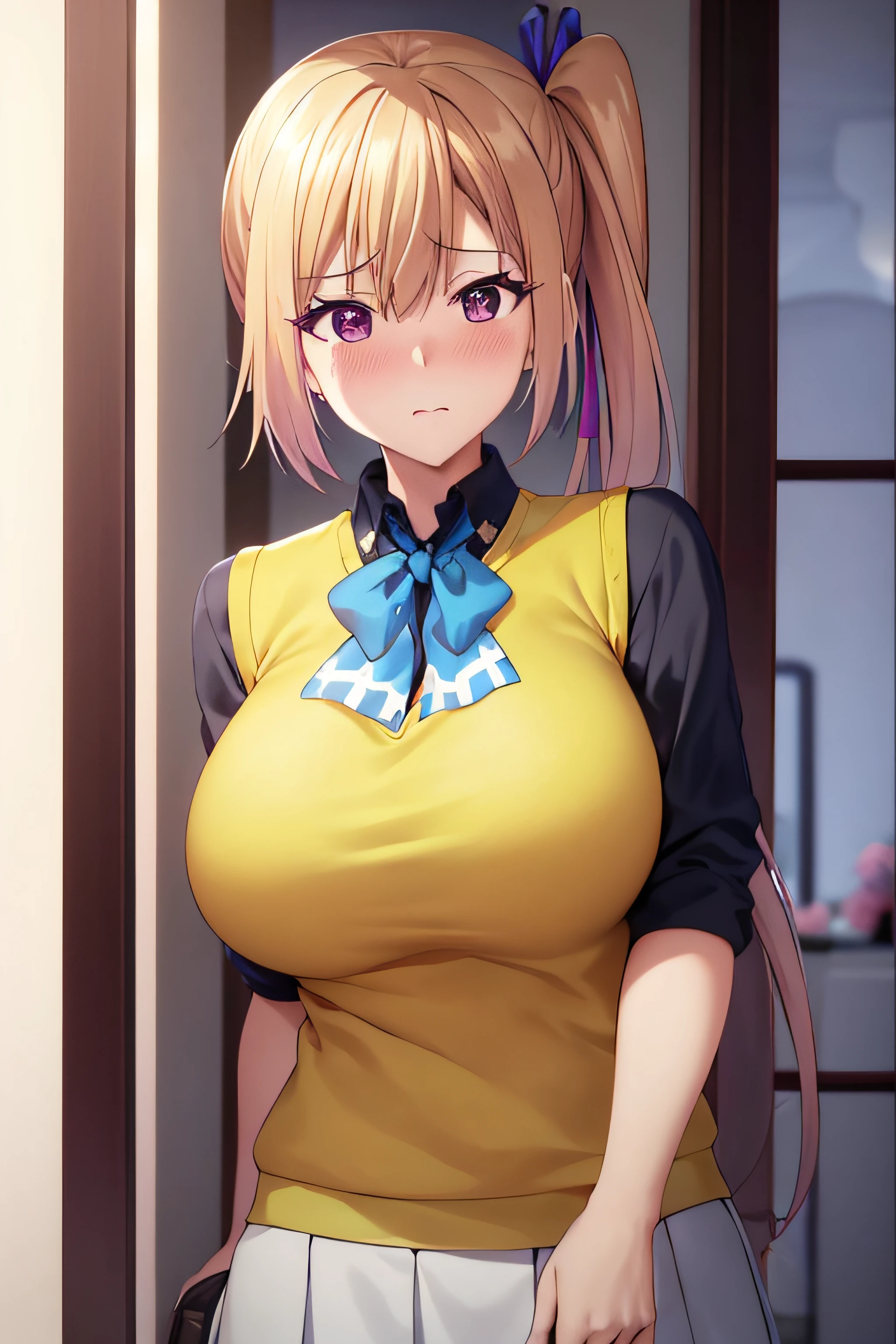 ​masterpiece, (top-quality), 1womanl,1girl in,1 boy,,kawakami_mai, blonde  hair, length hair, side poneyTail, a purple eye, Sweater Vest, 校服, skirt by the, Huge,bow ribbon, Hair ribbon, Mole under the eyes,Female sexy, embarrassed from,red blush, vivd colour,,natural soft light,RTX, , Beautiful fece, (详细的脸:1.2), showcase, (perfect  eyes:1.1) ,(Photorealsitic:1.1), 8K UHD, Look at viewers, outside of house, simple background