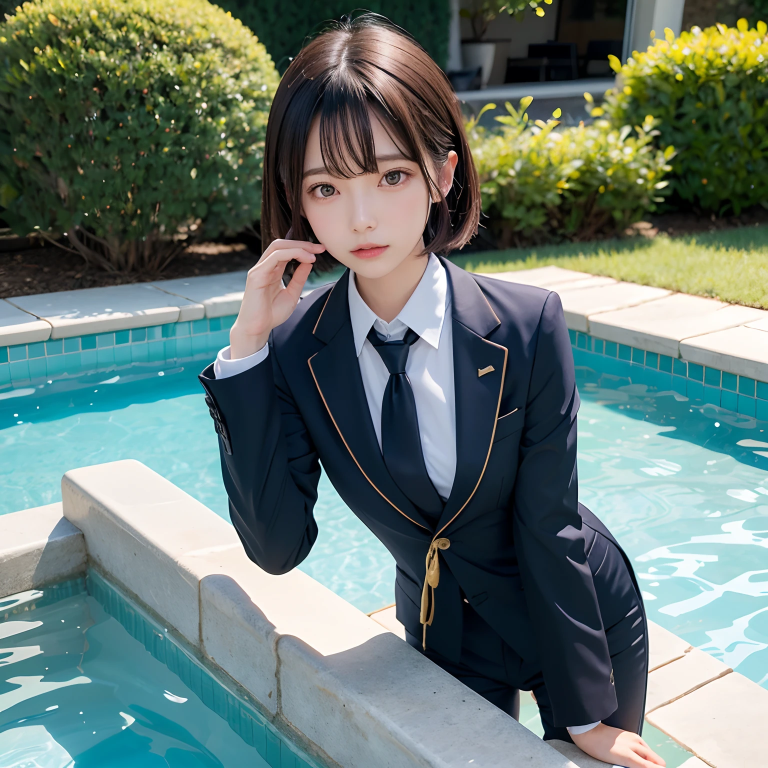 (masutepiece, Best Quality:1.2), 8K, Official art, Full body photo, full body Esbian、Fasten your tie、in poolside、turned around、Suits、Embarrassing black hair、14years、small tits、Happy、unbelievable Ridiculous, (Upper body, Dark blue suit:1.4), Beautiful Girl, Pretty Face, arching back down, cute panty、Gold hair ornament on hair、Wearing a cute suit、close up, Wearing a suit, Short sleeve, gardenia, violaceaess, Teen, in poolside, Looking at Viewer, Film grain, chromatic abberation, Sharp Focus, face lights, Dynamic lighting, Cinematic lighting, Eyes and faces with detailed, Bokeh background, (Tie with Emma written on it、1 copy:1.2)
