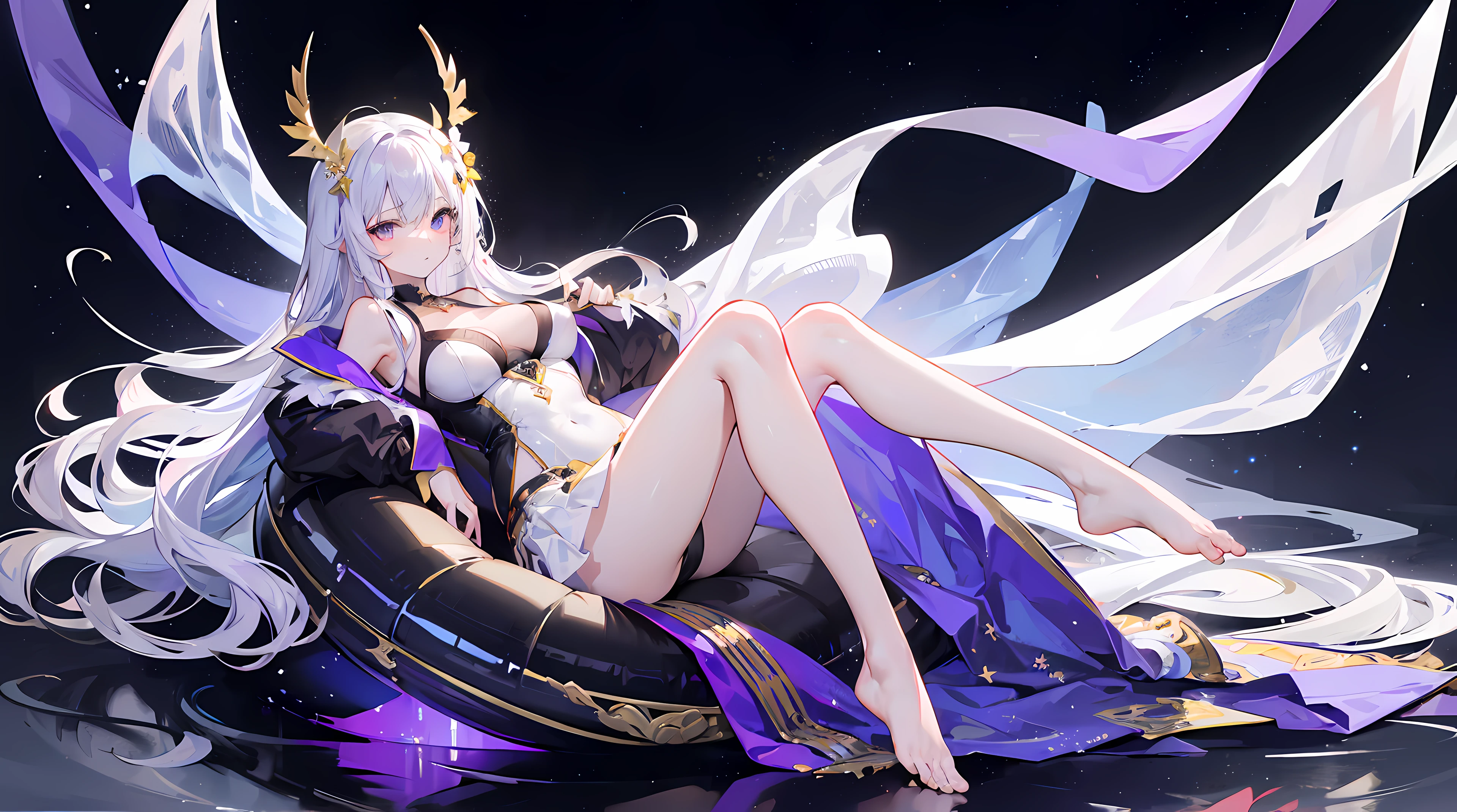 Lilac gradient hair,Asymmetrical hair,((Very voluminous hair 1.8,Hair is well-defined1.6)), hair over shoulders, Messy hair, Very long hair, Shiny hair,(Long hair:1.2),a beauty girl,(Luxurious white and gold miniskirt,Made of transparent material),(Transparent clothes transparent 1.8),perfect bodies,Tall and tall,slenderness,(Looks sad,face drawn and pale,grieves,closing the mouth:1.2) Set against the backdrop of an unusually brilliant dark starry sky,(lie on one's side),(Round, Medium large, Firm breasts),Barefoot,afloat,waterface,(long leges,long leges,long leges,Perfect leg shape),Full body photo。