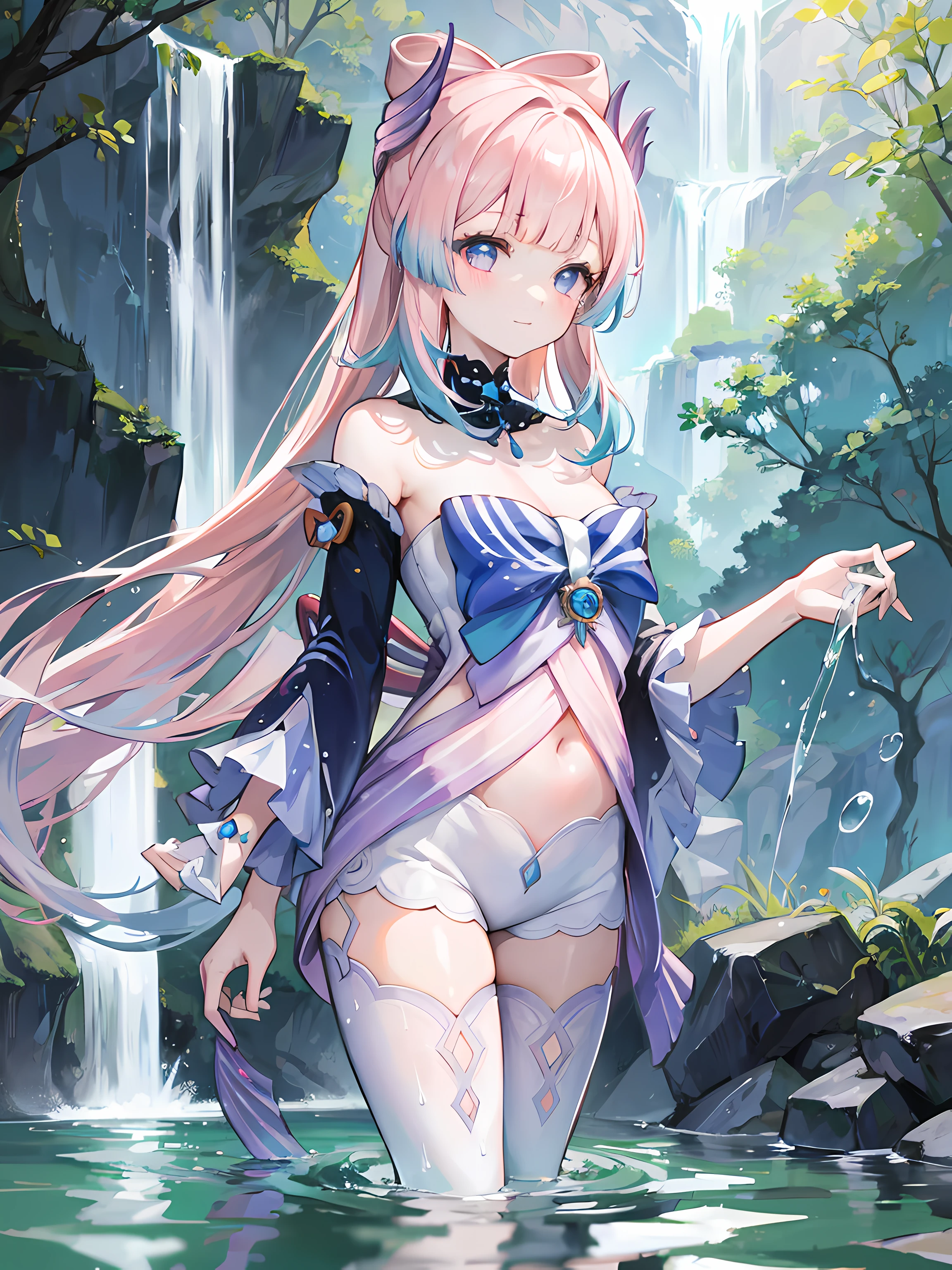 kokomidef, upper body, smile, standing in water, beautiful water, rain, water reflection, waterfall in the background, (1girl), beautiful anime artwork, ultrasharp, masterpiece, high res, 8k