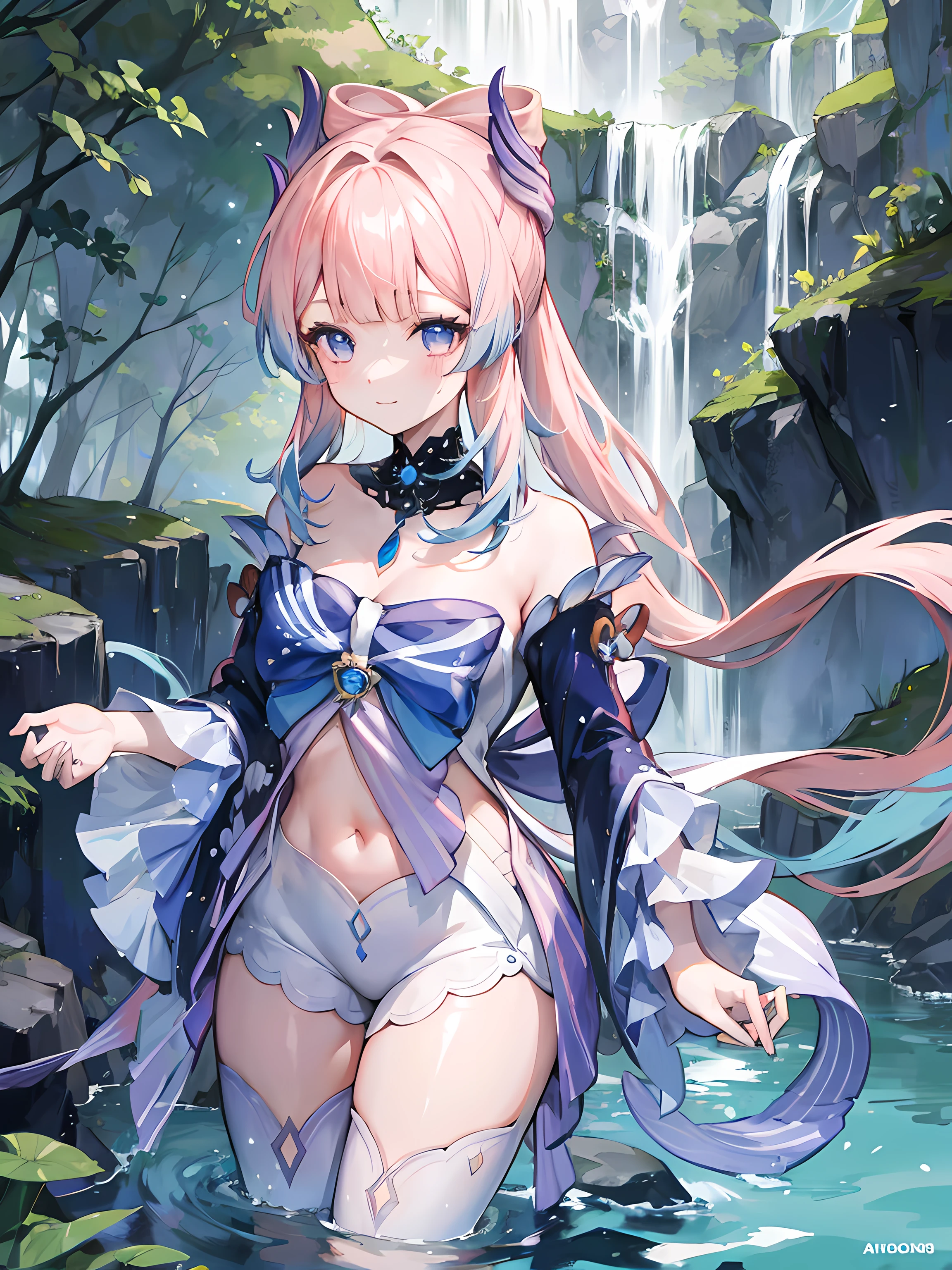 kokomidef, upper body, smile, standing in water, beautiful water, rain, water reflection, waterfall in the background, (1girl), beautiful anime artwork, ultrasharp, masterpiece, high res, 8k