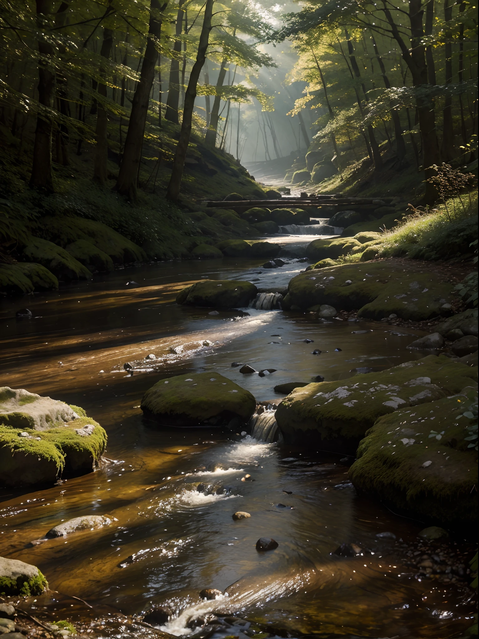 oil painting. realistic environment, A bit dark and tense. A natural stone path and a small stream flows through large rocks into a large puddle in front of us. Into the clearing. Two-plank bridge over the creek. Deaf, Woodland. many details. Strong sunlight. light mist.