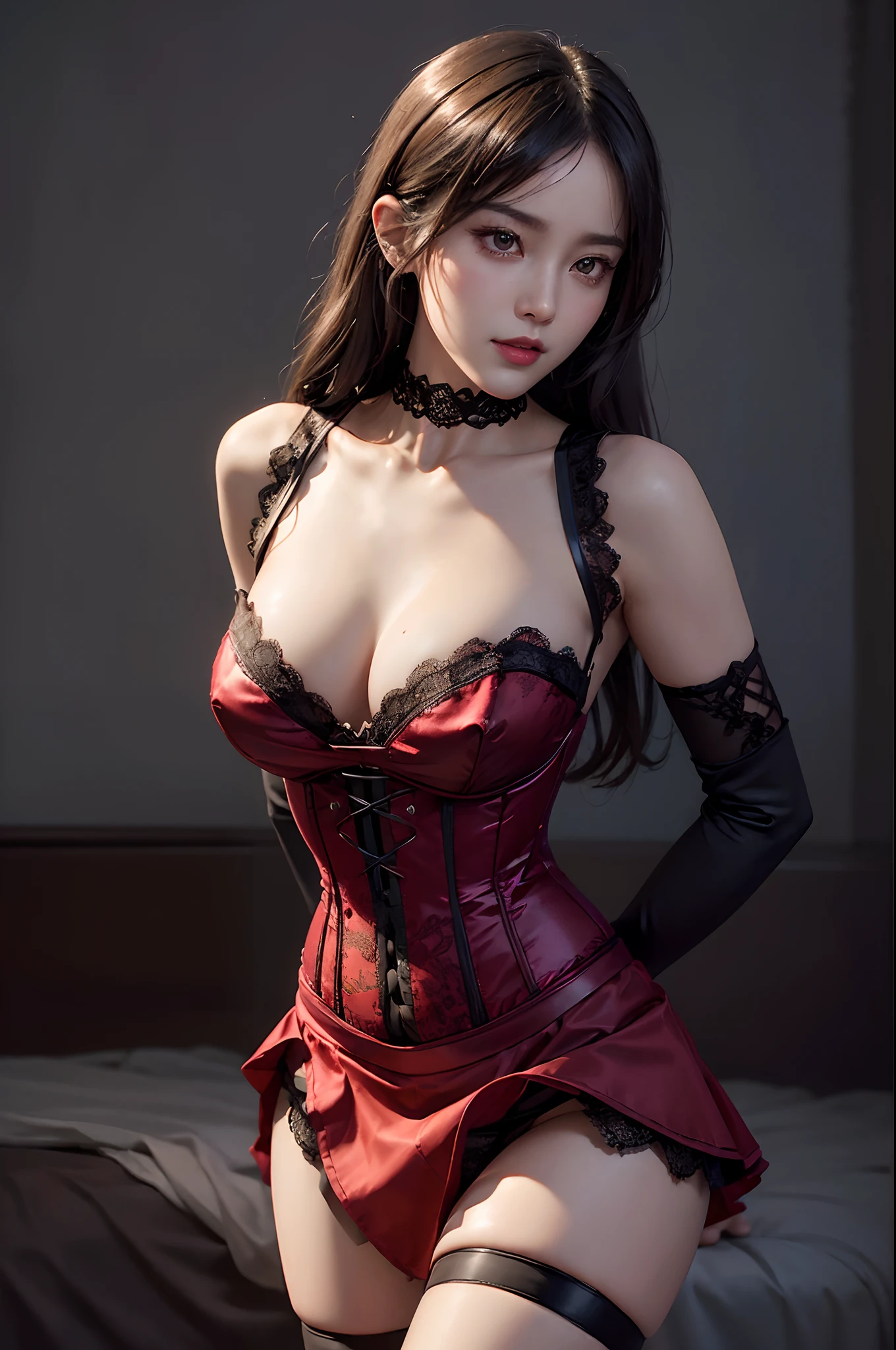Nogizaka46 Idol, Cute, Perfect face, Neat makeup, grin, ((Huge glamorous body, Emphasis on cleavage, Stylish lace strapless black bra, Lace-up corset, black ruffle skirt, laced knee stockings, Red string, Stylish lace red string, a choker, Harnes, a belt, button, tight fitting,)) Smooth skin, Highly detailed brown eyes, ((shiny oiled skin,)) (((Upper body photography,))) masutepiece, hyper photorealistic, Dramatic light, Best Quality, High resolution, 8K,