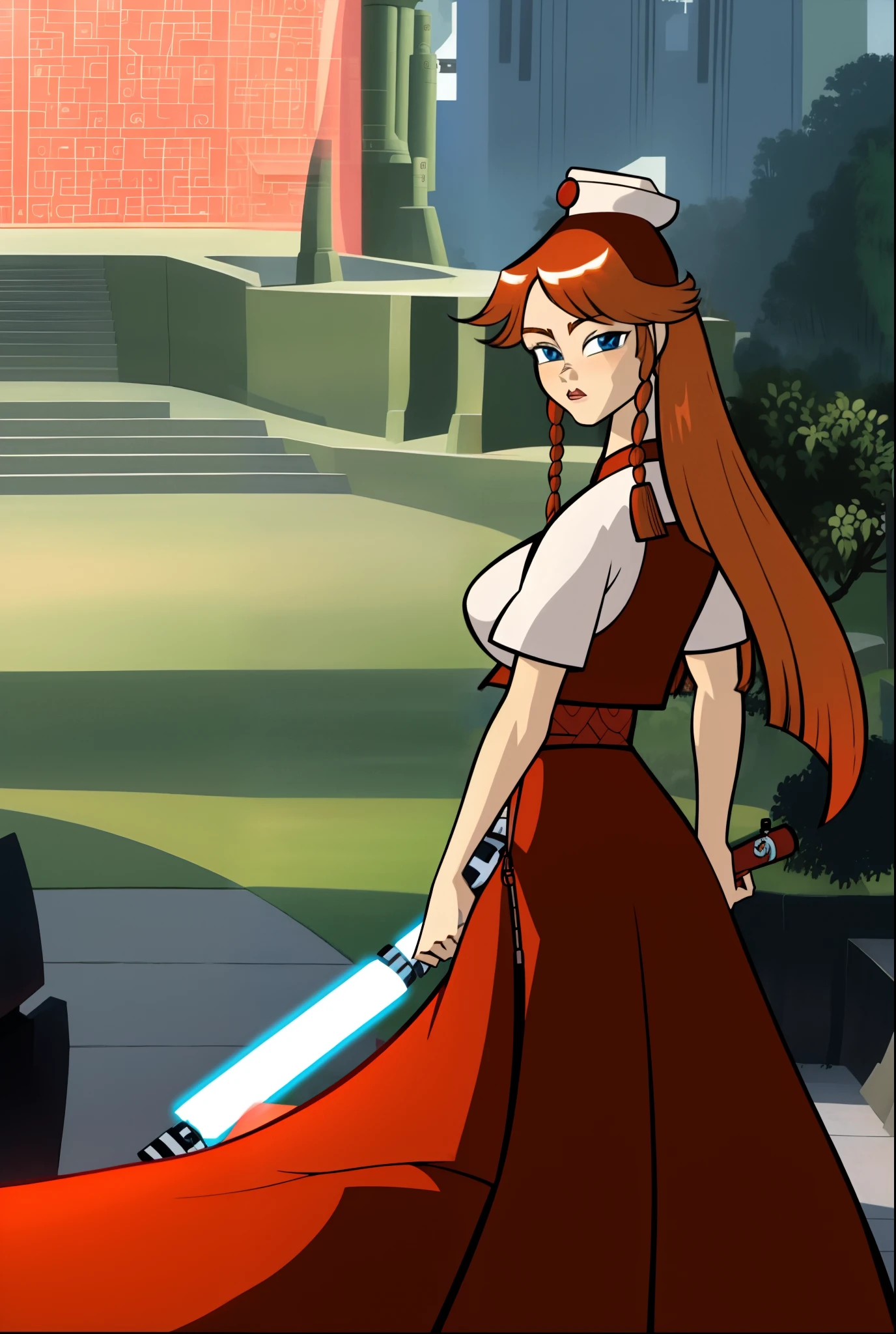 masterpiece, best quality,tcw2003 1girl,hat,red hair,blue eyes,long hair,braid,short sleeves, chinese clothes, with a lightsaber outide as a red list cast on a japanese garden