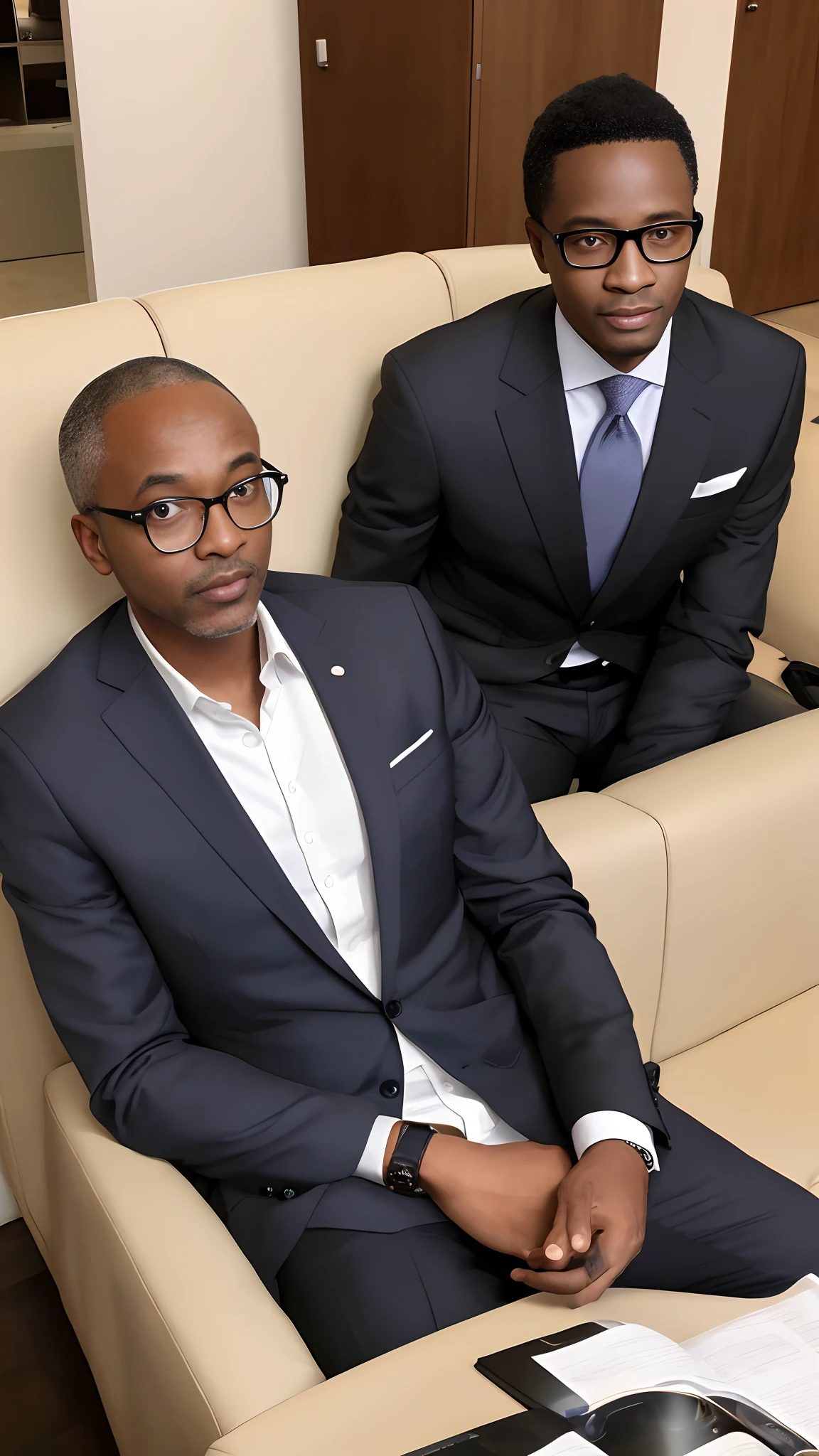 There's a man in glasses and a suit sitting on a couch, Osborne Macharia, Barry Qindsor-Smith, Jorge Pemba, taken in the early 2020s, Alphonse Musha, in suit with black glasses, Mohamed Chahin, Roberto Kinoshita, Yan Gisuka, Mongezi Ncaphayi