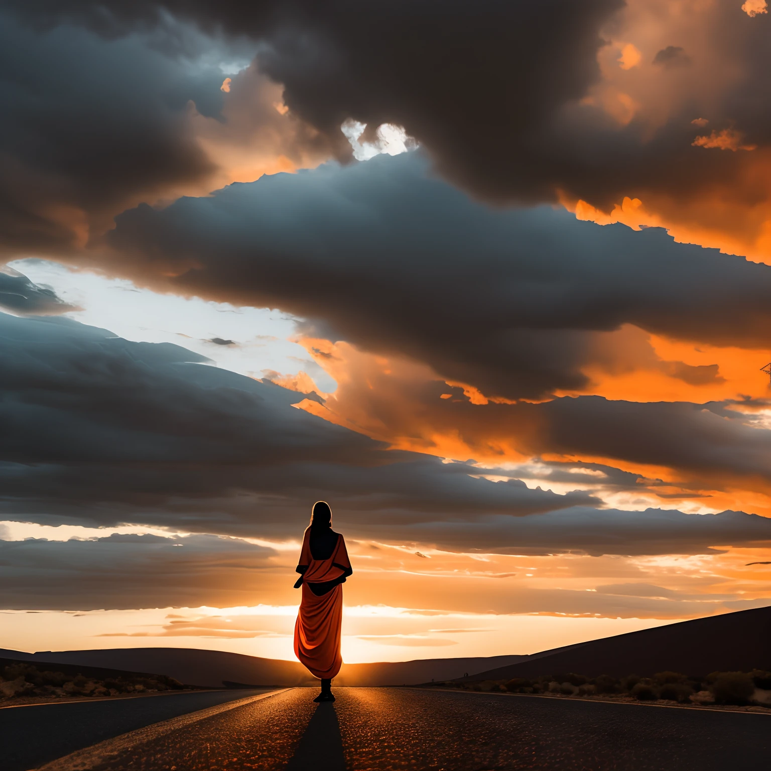 (Masterpiece),(Best Quality), Australian desert, black-grey sky, dark clouds blurred orange-glowing, use #ff4300 as guideline for orange,
silhouette of a beautiful woman on knees begging to the sky, woman on the road, many soldiers, gloomy atmospheres, golden eagles in the air