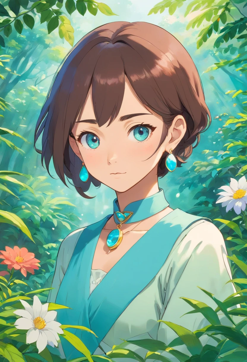 a girl wearing an anime collar, a long necklace and earrings, in the style of tranquil gardenscapes, colorful animation stills, masami teraoka, aquamarine, paul gauguin, Embry style, honest portrayal
