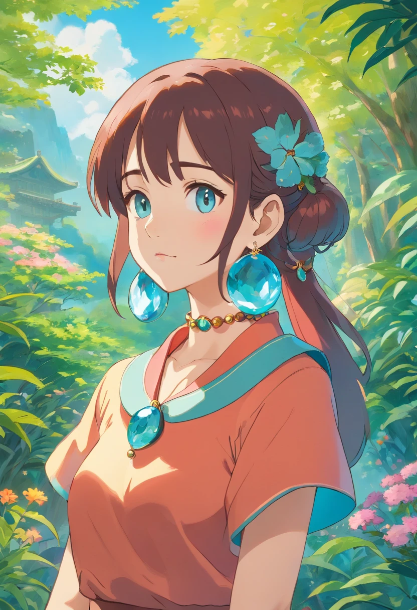 a girl wearing an anime collar, a long necklace and earrings, in the style of tranquil gardenscapes, colorful animation stills, masami teraoka, aquamarine, paul gauguin, Embry style, honest portrayal