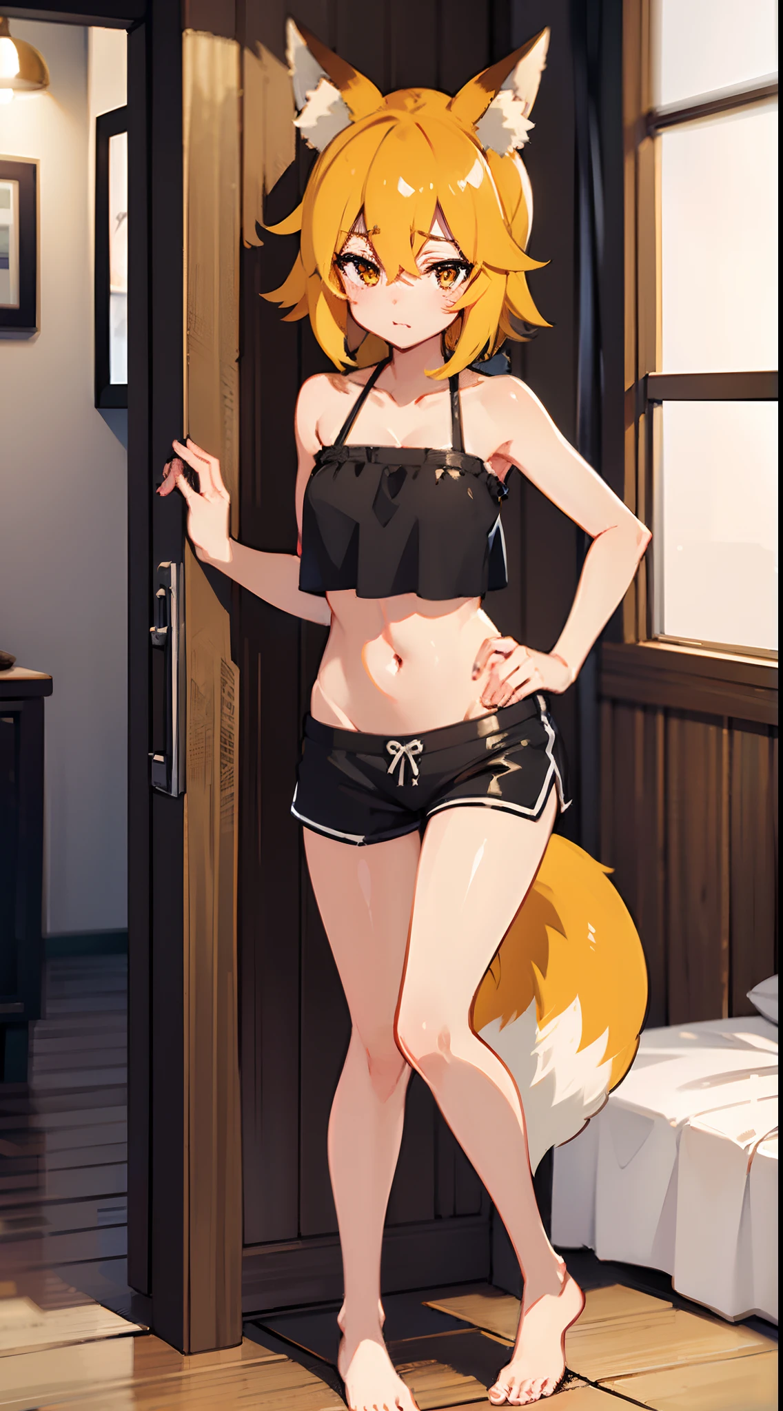 (masterpiece), best quality, high quality, tube top, bando top, dolphin shorts, , erotic, sexy, seductive, hot, senko, fox tail, fox ears, loli