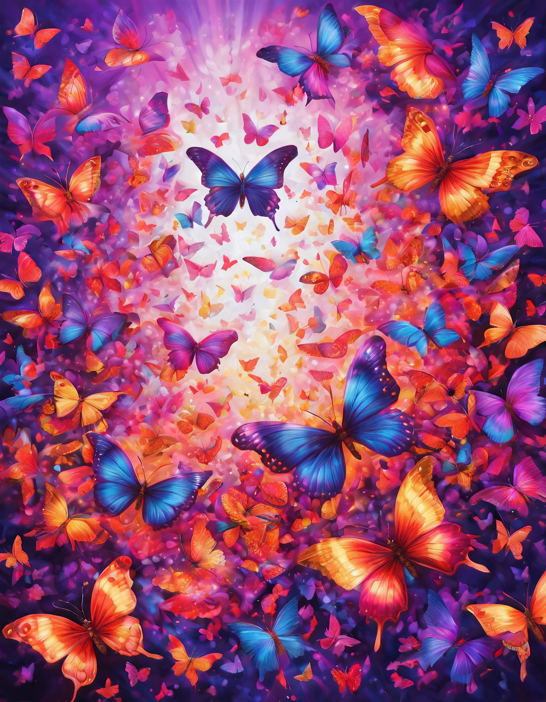 (best quality,highres,ultra-detailed),a butterfly, a kaleidoscope of butterflies, lots of glowing butterflies,purple and pink, gold and red,vibrant colors,abstract art,diverse textures,playful composition,bright lights,energy flow,harmonious design,transformational patterns,interconnected lines,surreal atmosphere,nature-inspired elements,symmetry,fluid motion,shimmering effects,mysterious depth,mesmerizing optical illusions,visual poetry