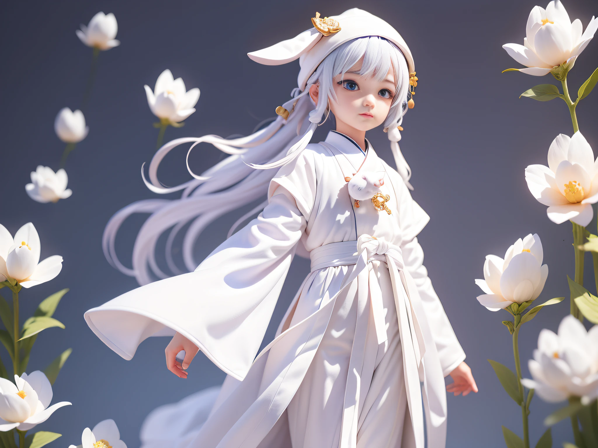 boy,Ultra-clear image quality,Xianxia white robe,Holding a little white rabbit in both hands,background whites,schoolboy