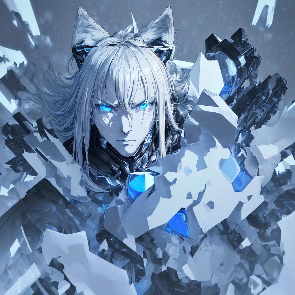 8k, (best quality, masterpiece),(1cybernetic black and white wolf, blue coloured exhaust fumes escaping from body, detailed face, blue eyes, looking at viewer, black ears, closed mouth, fierce looking, black hind legs, snow covered), (less blue light, snow flakes, swirling many blue glass pieces behind, floating objects, night sky)